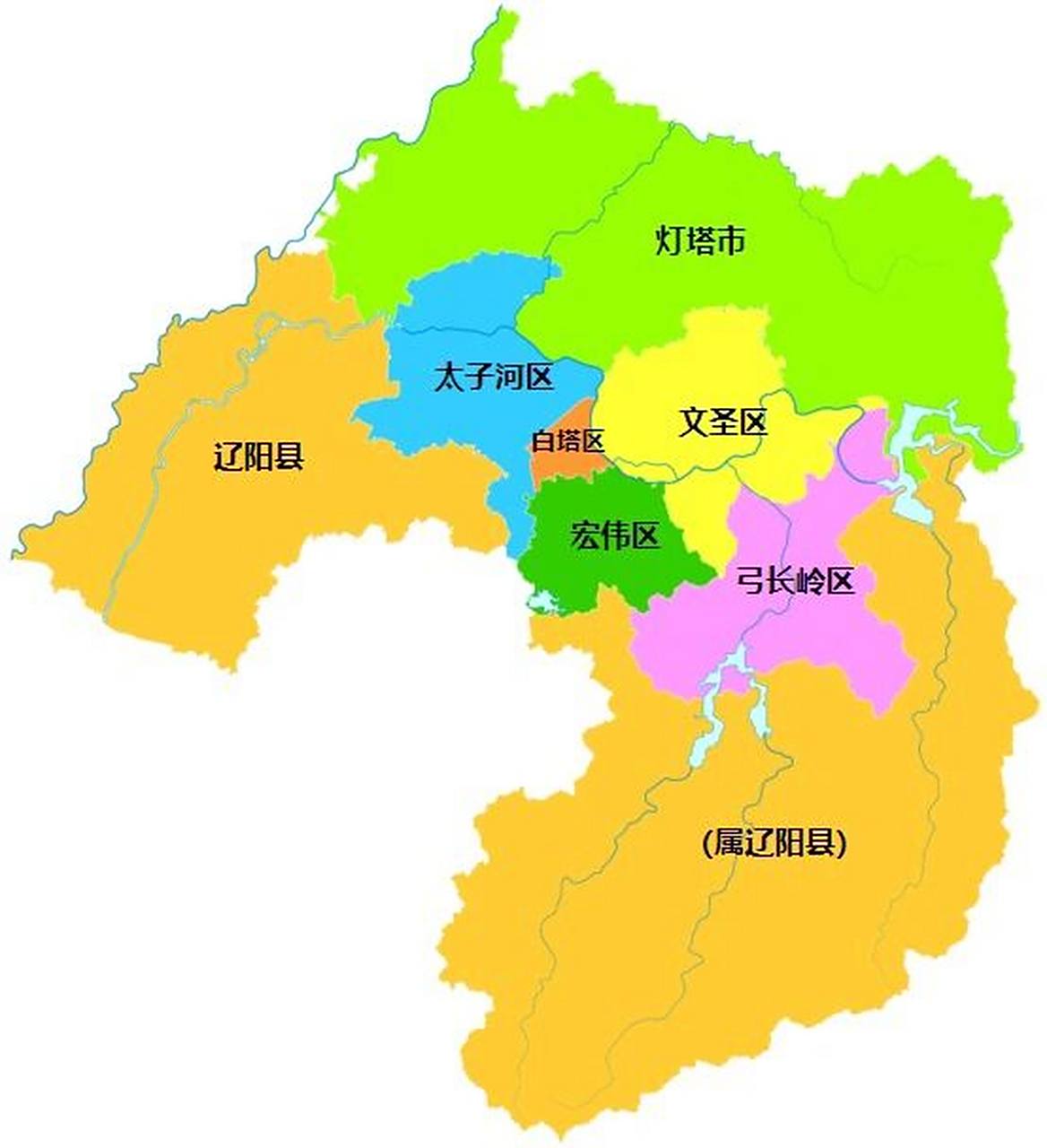 5个区:白塔区,文圣区,宏伟区,弓长岭区,太子河区; 1个县:辽阳县 1个