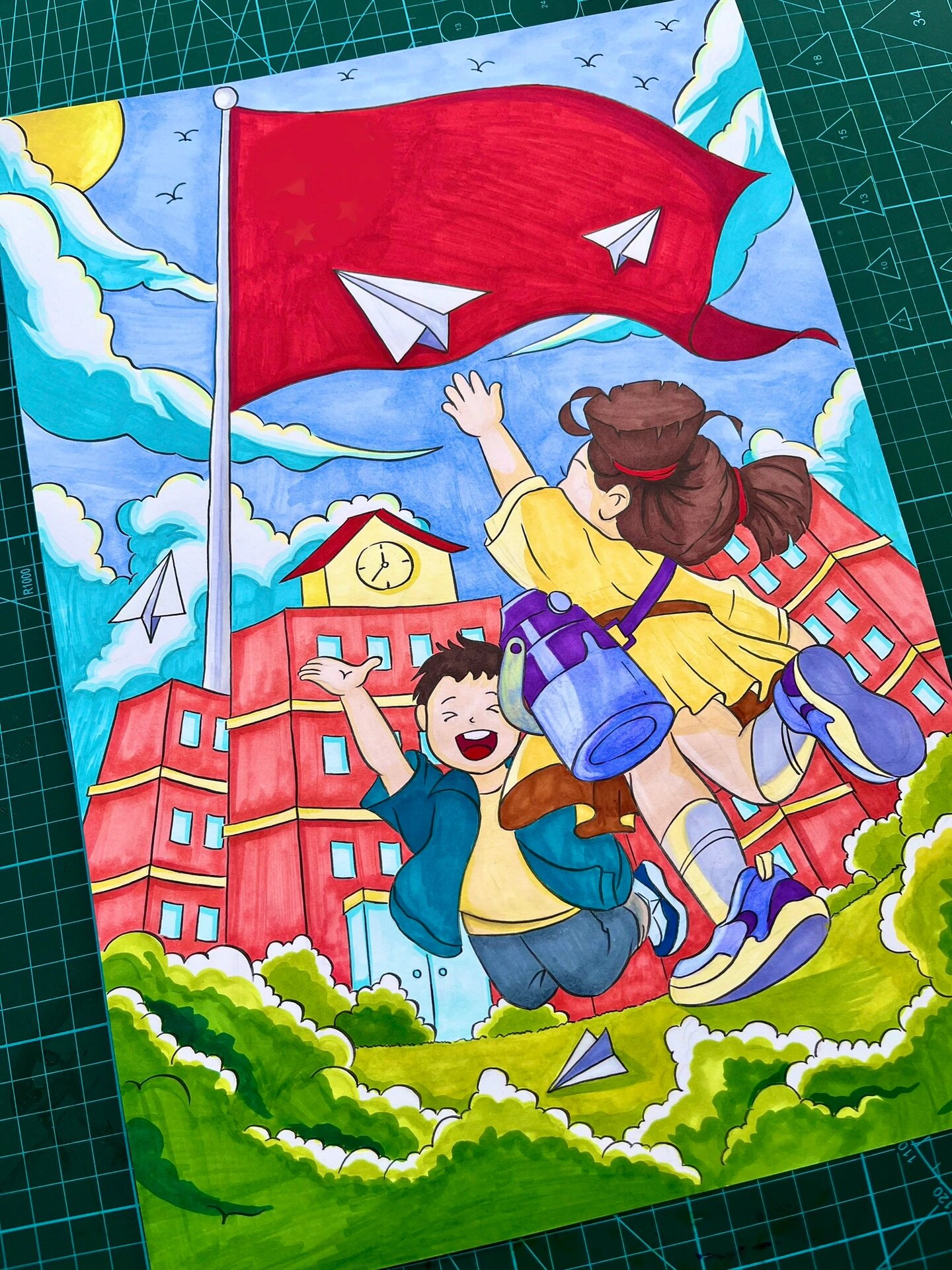 阳光下成长快乐校园生活放假啦开学啦主题画