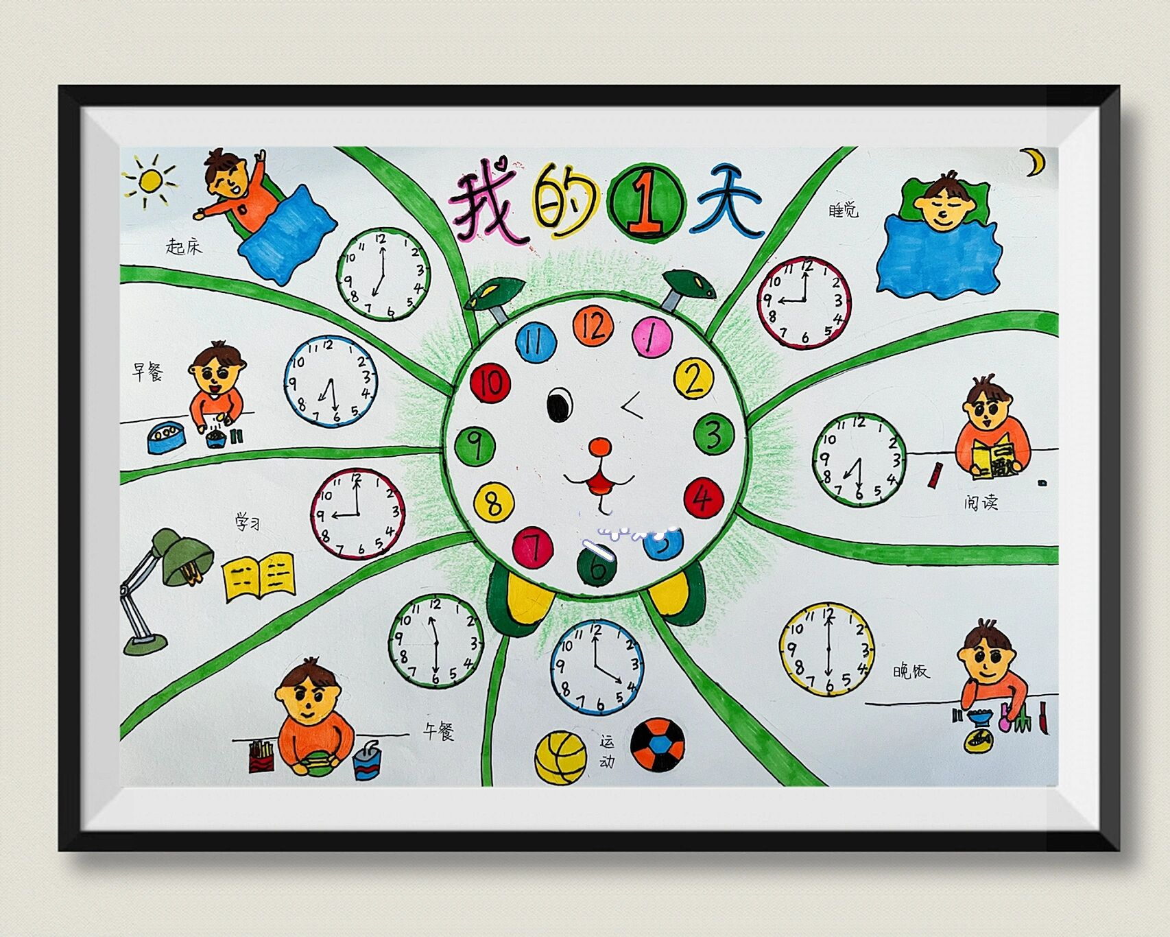 的一天时间儿童创意画 一年级的娃 老师特地布置完成《我的一天》绘画