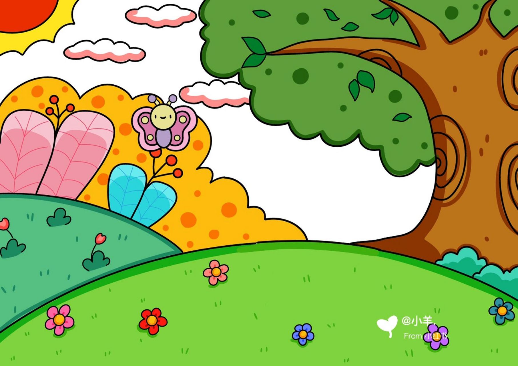 儿童画万能场景 春天 夏天 户外场景 9615线稿 #创意美术儿童画