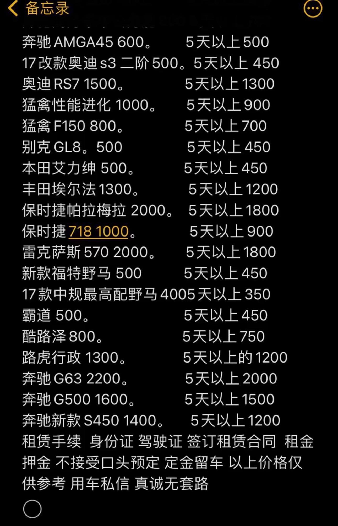 汽车租赁价格明细表,此价格仅供参考,以实际为准