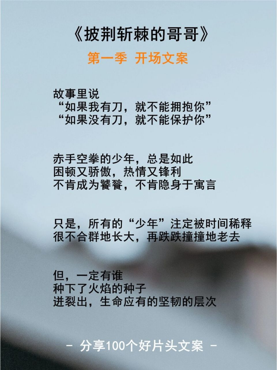 《披荆斩棘的哥哥》01季开场文案 故事里说 "如果我有刀,就不能拥抱你