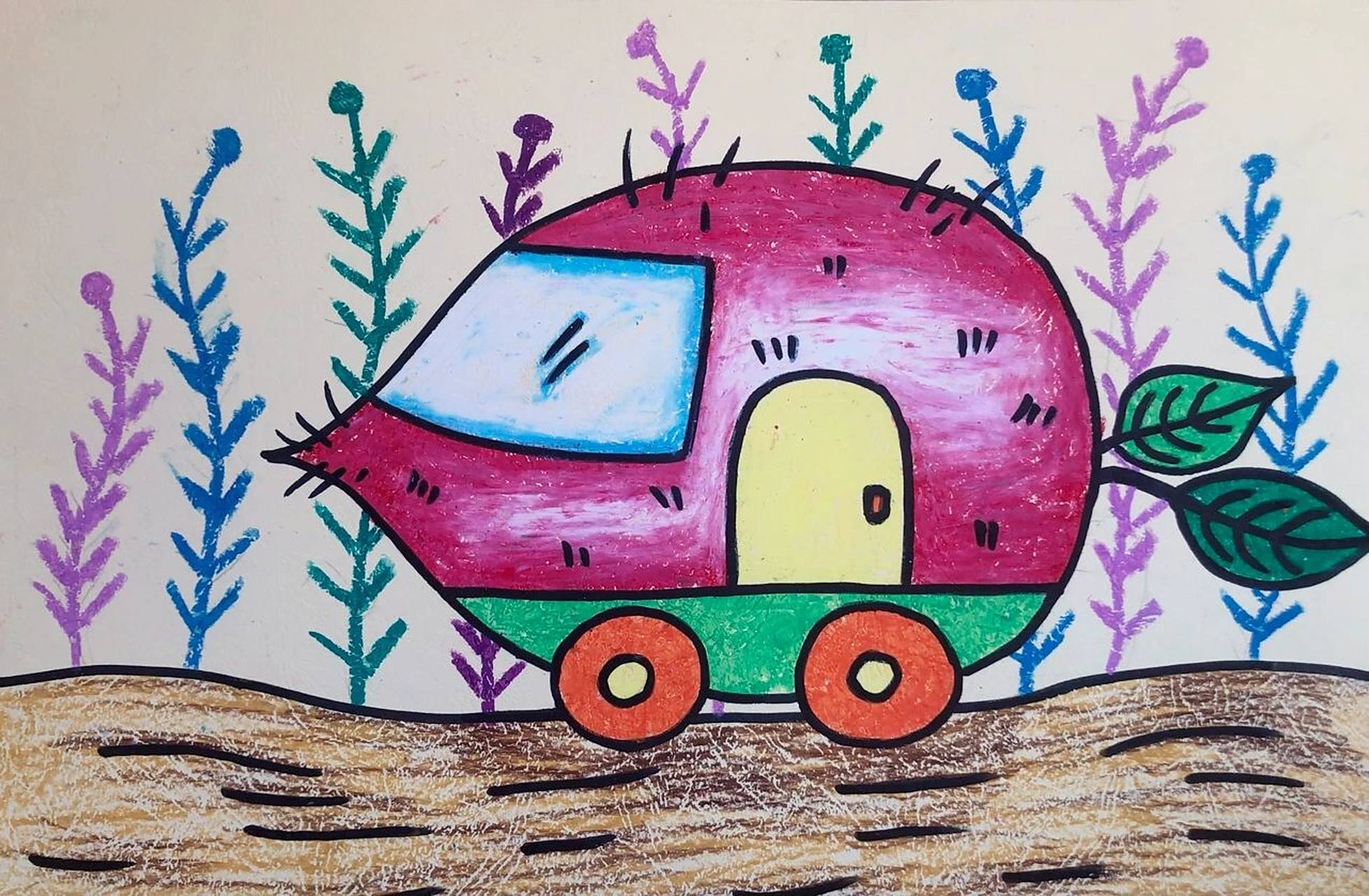 儿童画,简笔画-未来汽车 油画棒简笔画,未来汽车,幼儿园大班儿童画