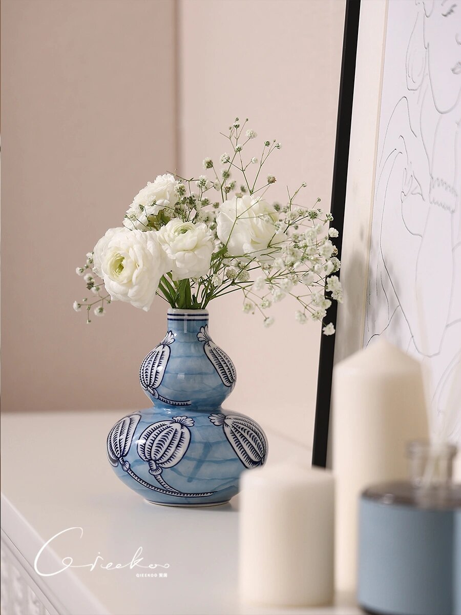 浅蓝水墨葫芦虞美人系列釉下彩陶瓷花瓶 寓意很好的陶瓷器型当属葫芦