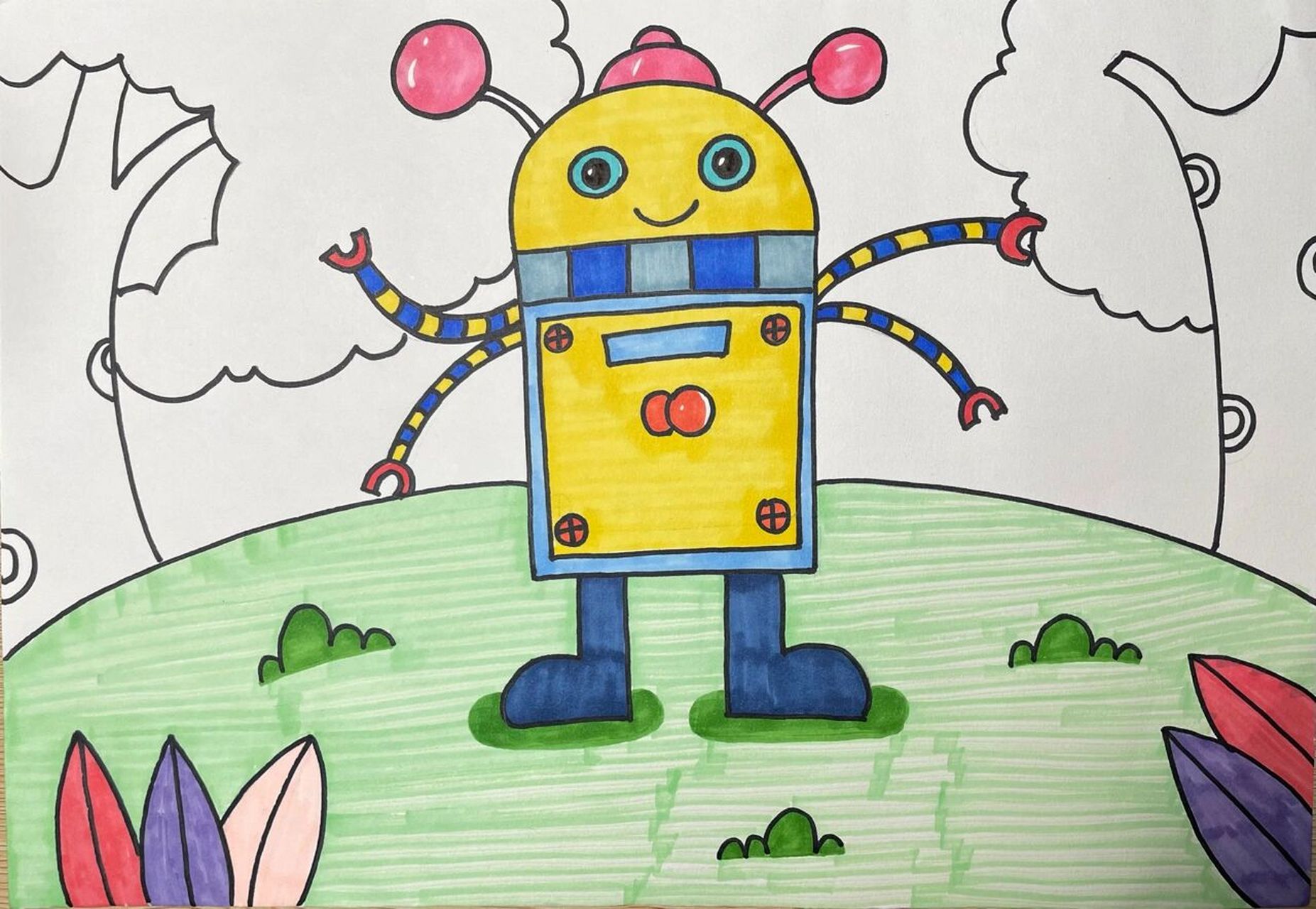 机器人线描儿童画 机器人儿童画步骤图,适合4