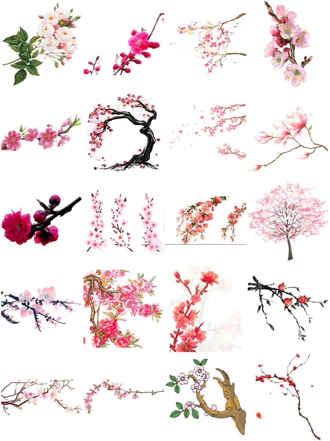 唯美粉色桃花手绘免抠png图案素材