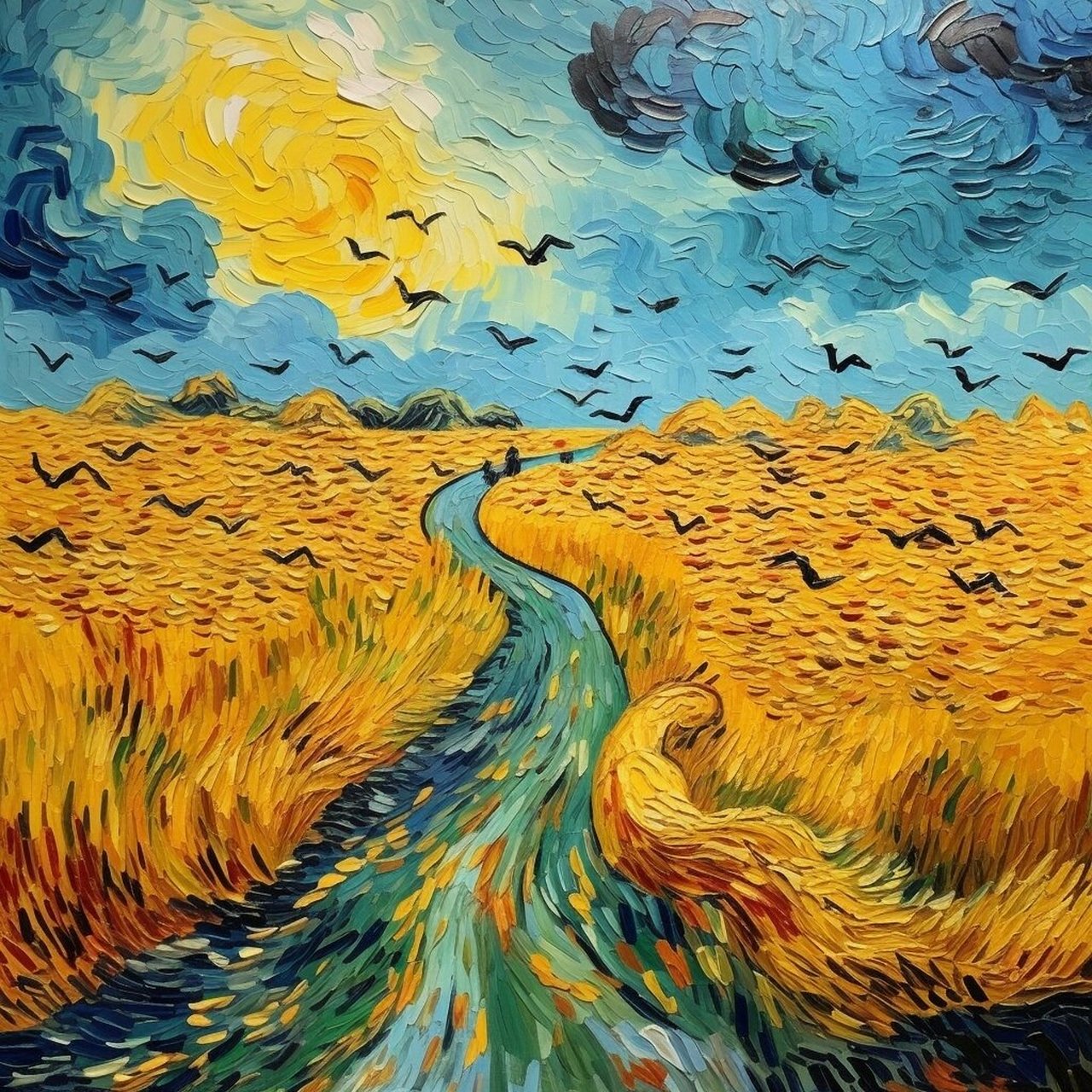 梵高风 油画——麦田上的鸦群 我出的梵高风ai画作也有很多了,有兴趣