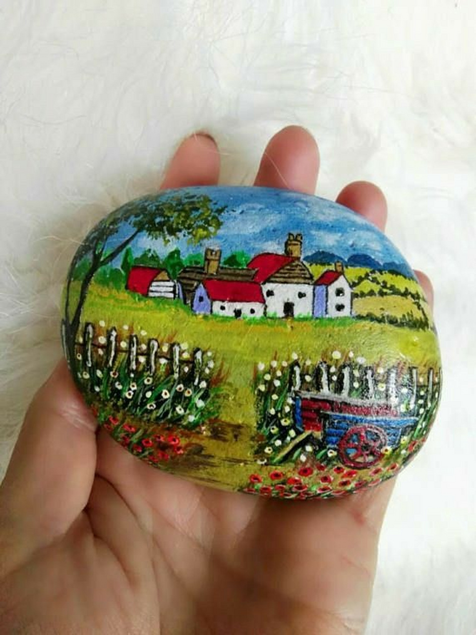 手绘石头画～田园风景 #手绘石头画