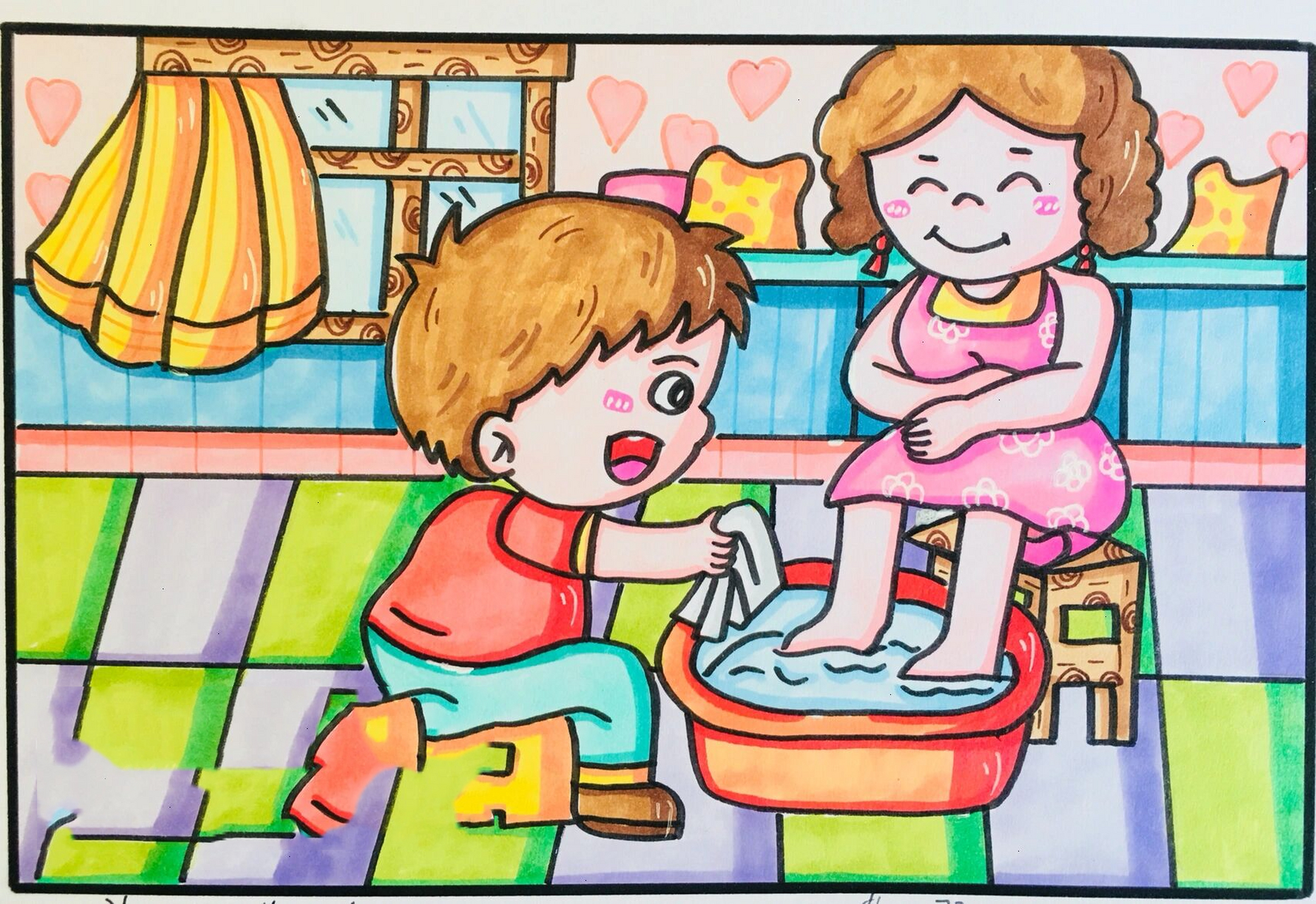 儿童画-260.母亲节主题画/给妈妈洗脚