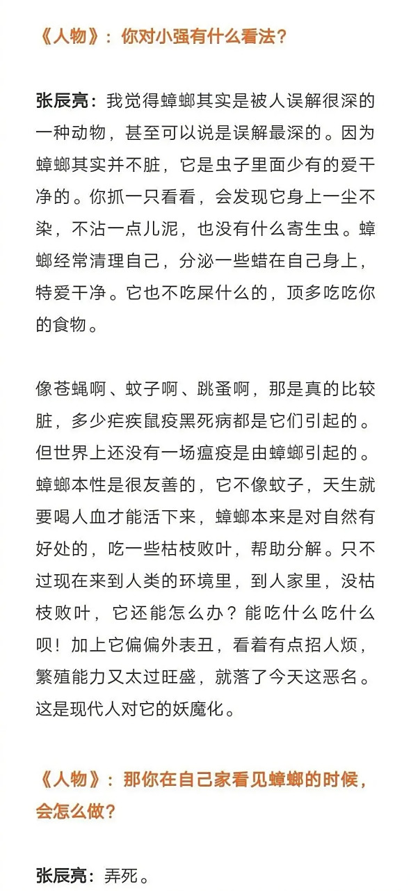 张辰亮:"我觉得蟑螂其实是被人们误解很深的一种生物甚至可能是被误解