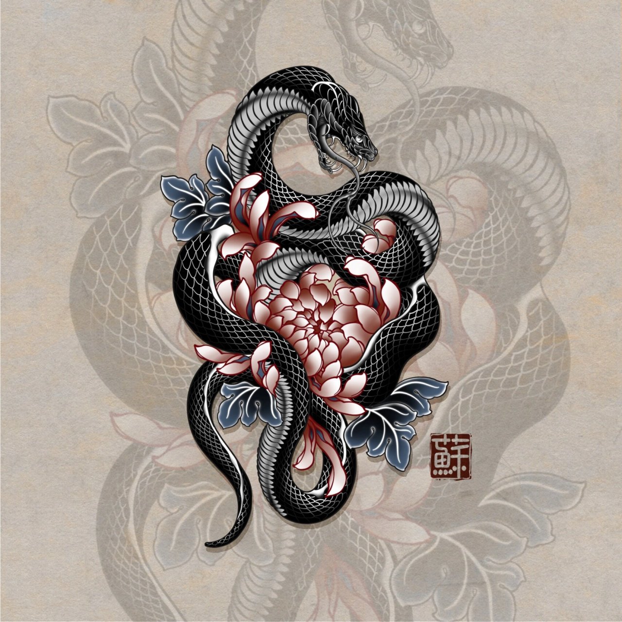 传统富贵菊花蛇纹身图片