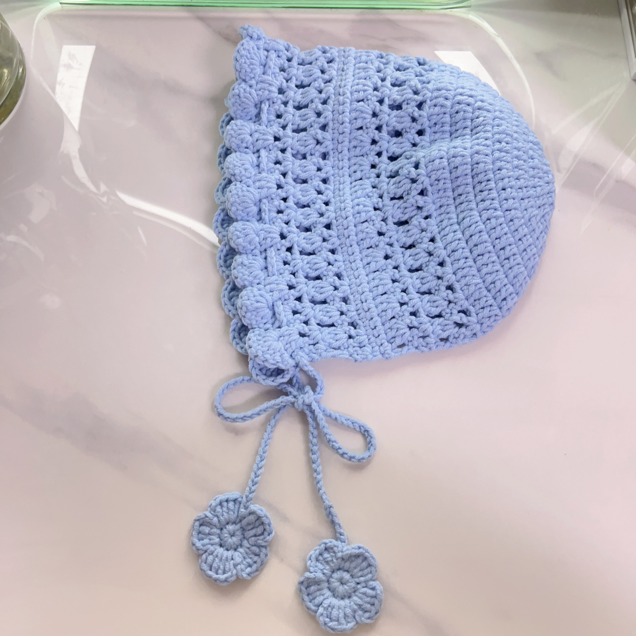 蓝色花边宝宝帽(附图解)   #   我要钩好多好多小帽子,从宝宝几个月到