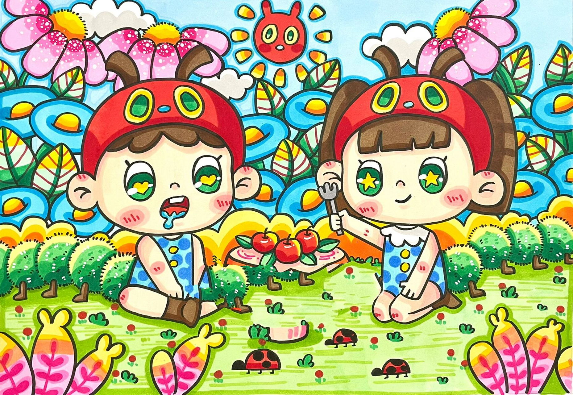 夏日野餐主题画 儿童画(附加线稿) 太喜欢这幅画了很有创意 临摹的