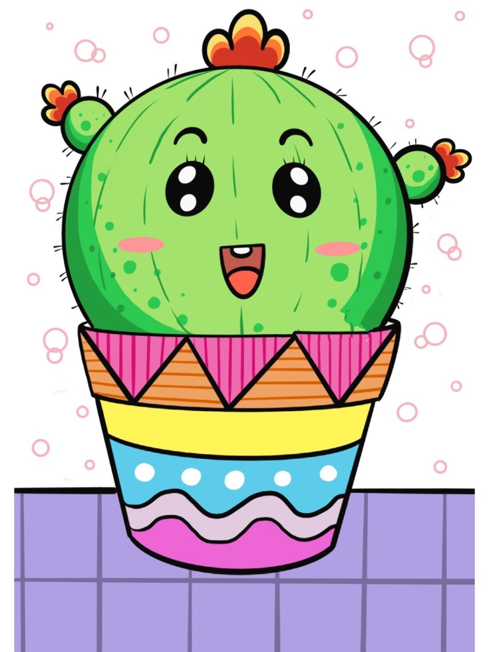 胖嘟嘟的仙人掌91儿童创意画 带线稿 简笔画