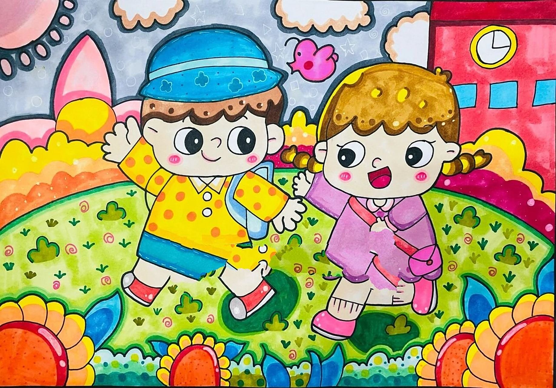 上学路上主题画|儿童简笔画 上学路上主题画,儿童简笔画.