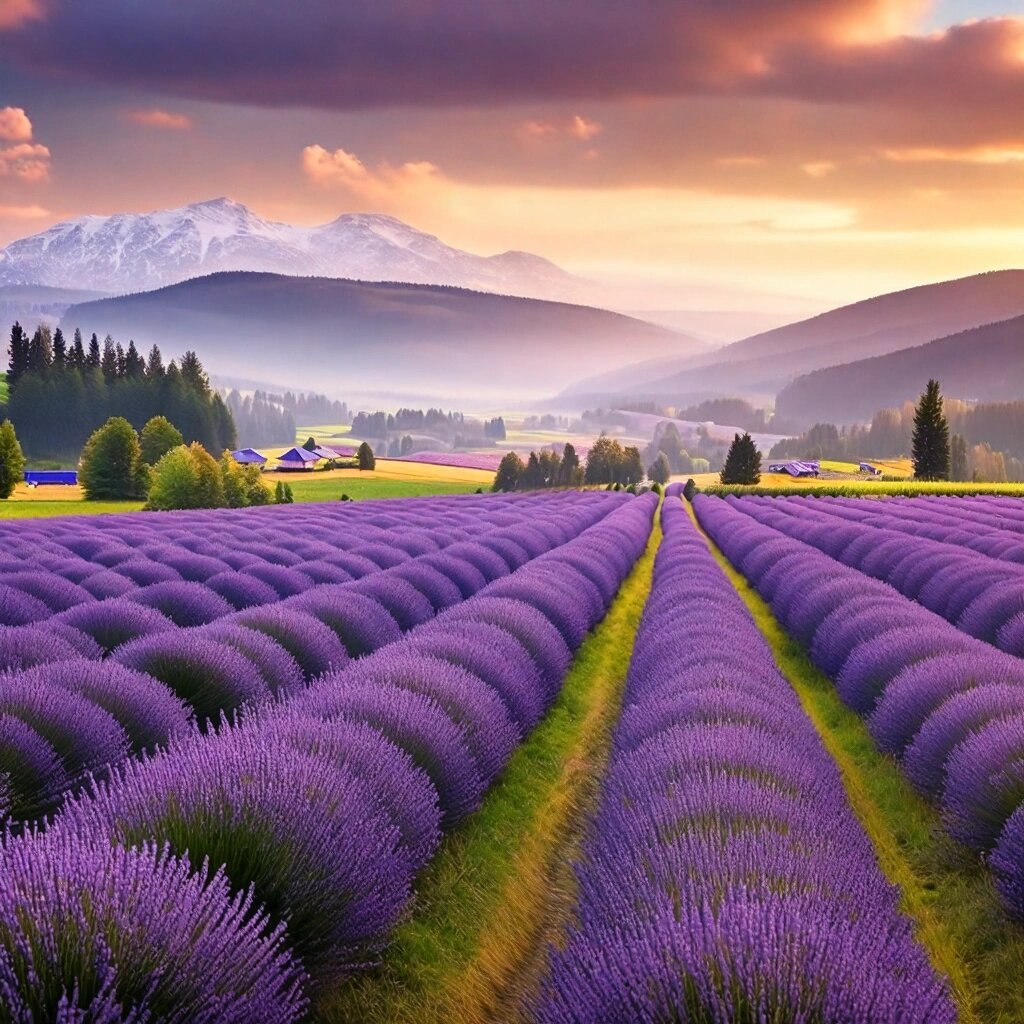 斯堪的纳维亚风景 斯堪的纳维亚风景与薰衣草田,周围环绕着薄雾山脉.