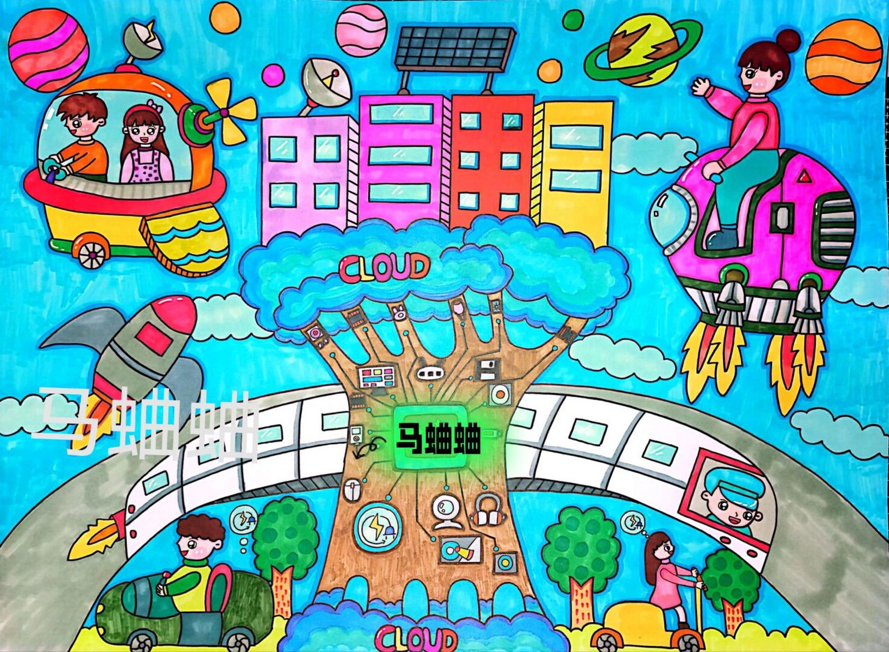 原创科幻画 原创科幻画,未来可以骑着宇宙飞船去上学,有树屋充电桩,已