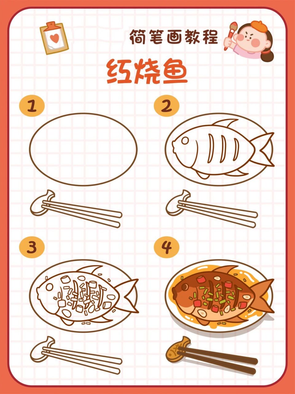 22美食插画 | 年夜饭红烧鱼简笔画教程 恬花花简笔画小课堂第22期