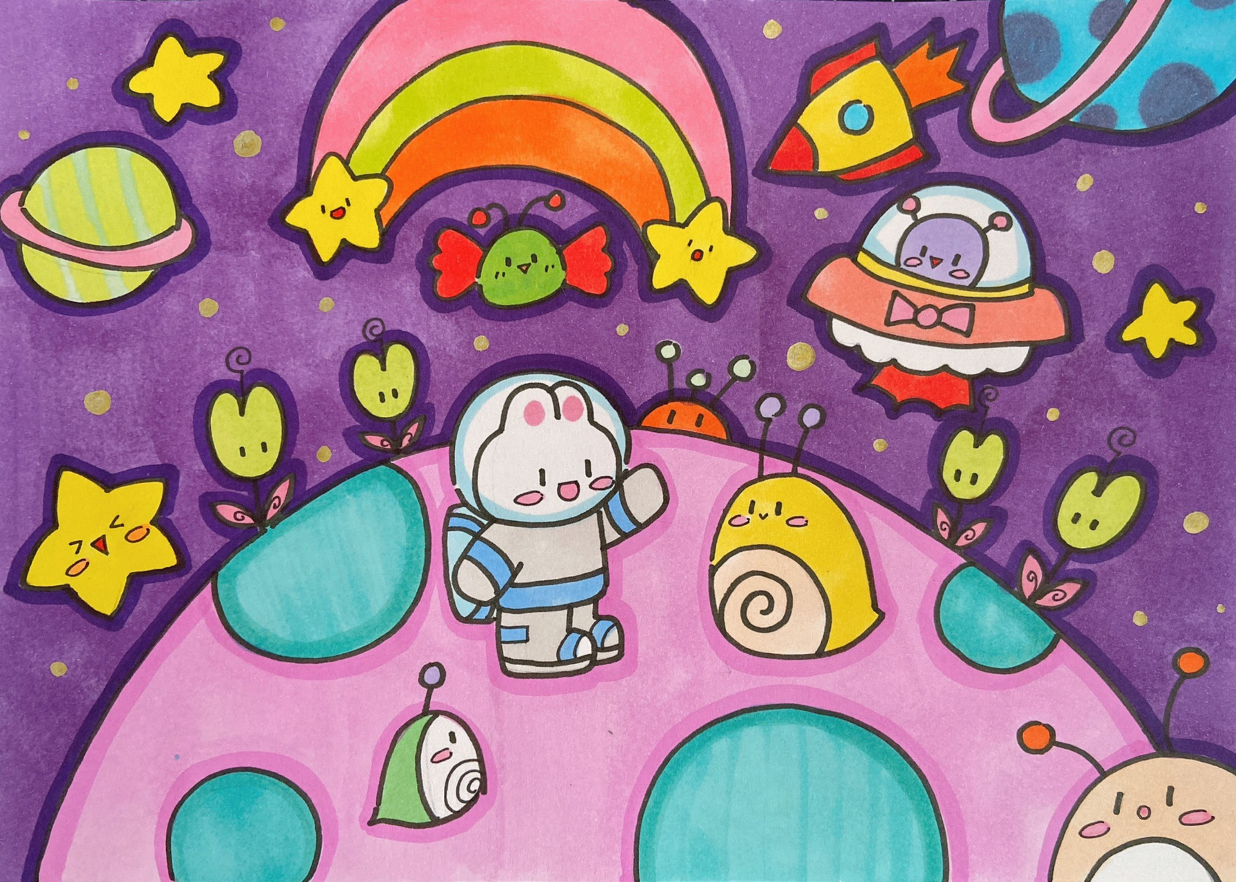 外星人外太空宇宙火箭星球彩虹儿童画简笔画 美术宝 飞去外太空 课效