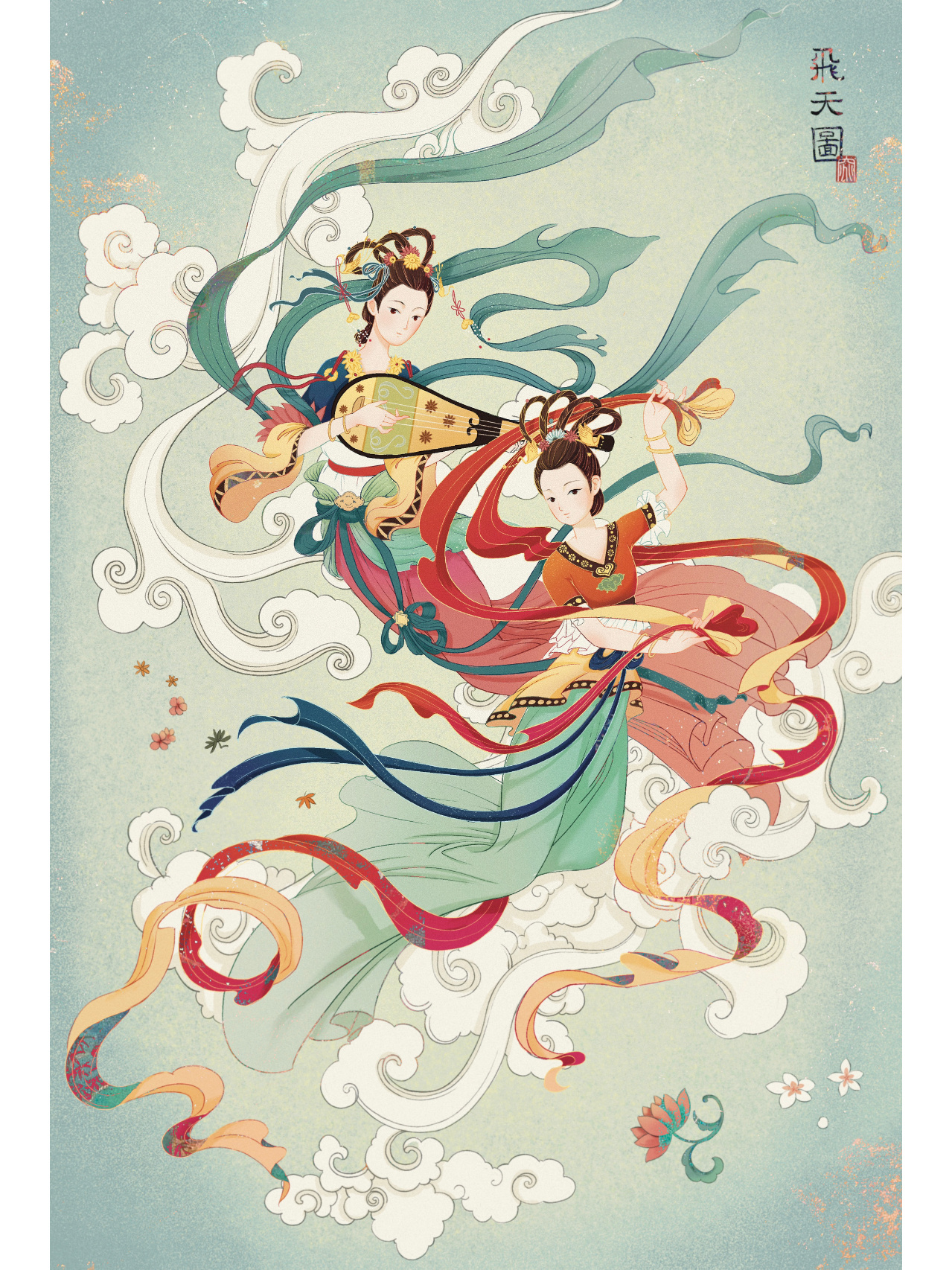 绘画步骤 重绘了任率英的工笔人物画仕女飞天图
