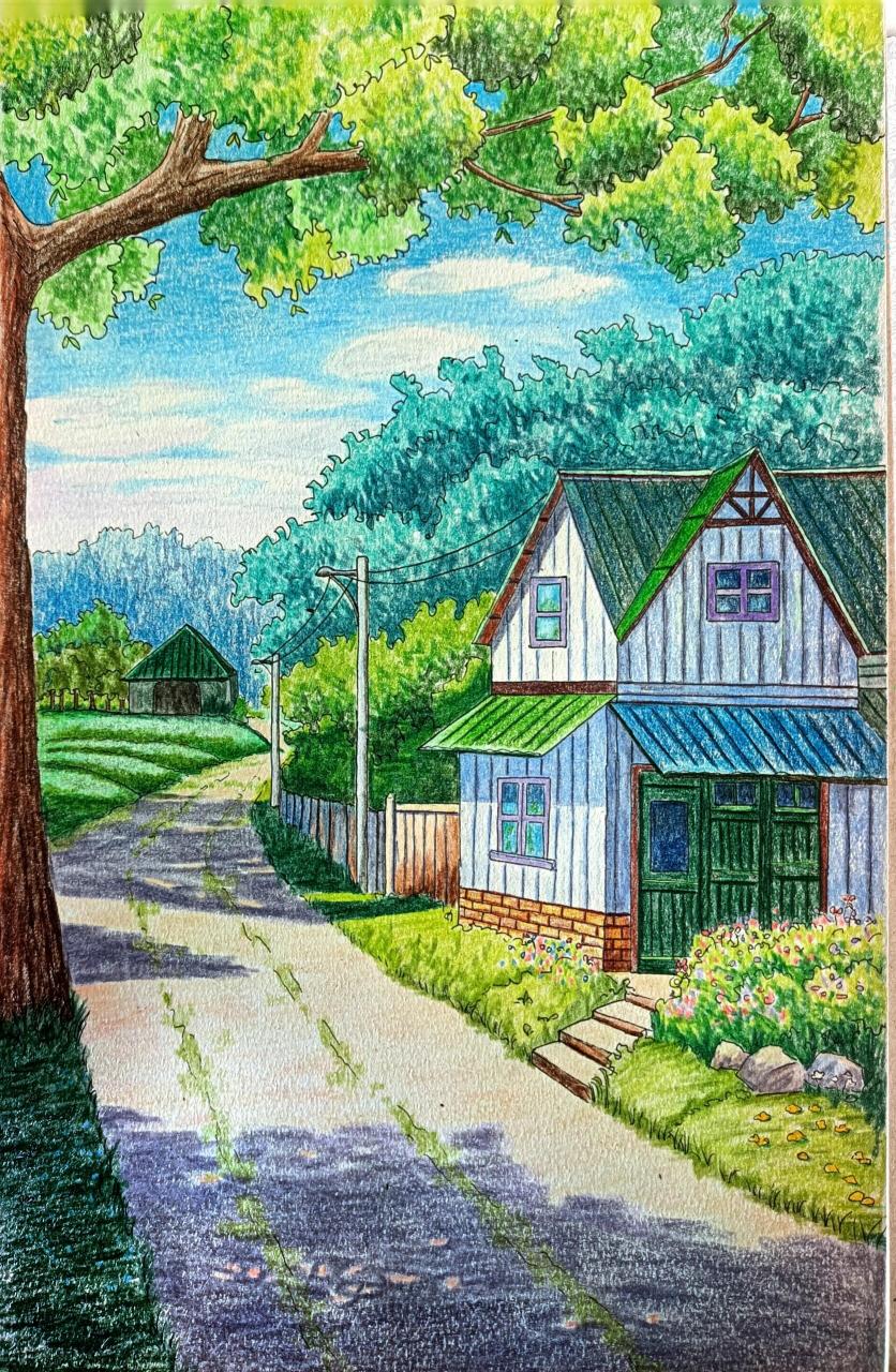 临摹,用彩铅临摹宫崎骏治愈风景,这张画的有点乱,天空的颜色用的不