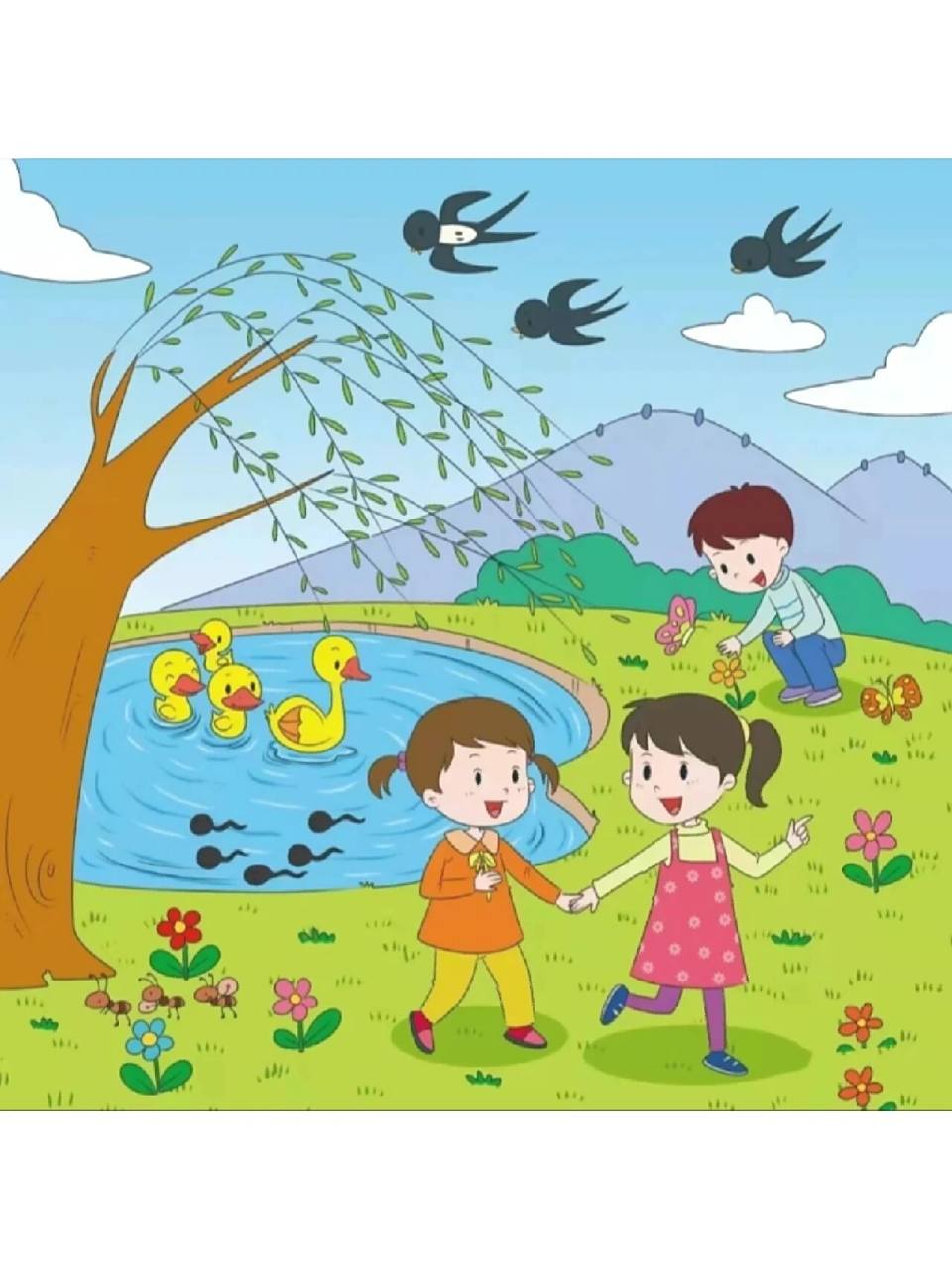 找春天 看图写话 春姑娘来了,她向大地轻轻吹来一阵风,河水姐姐脱掉了