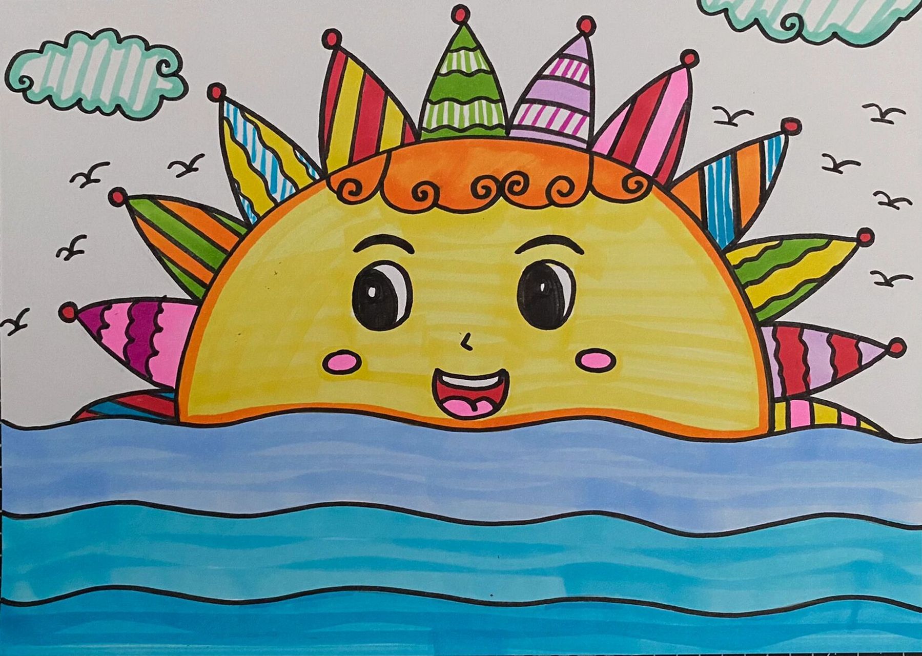 日出儿童画/太阳/海上太阳卡通画 适合小朋友完成的海上太阳儿童