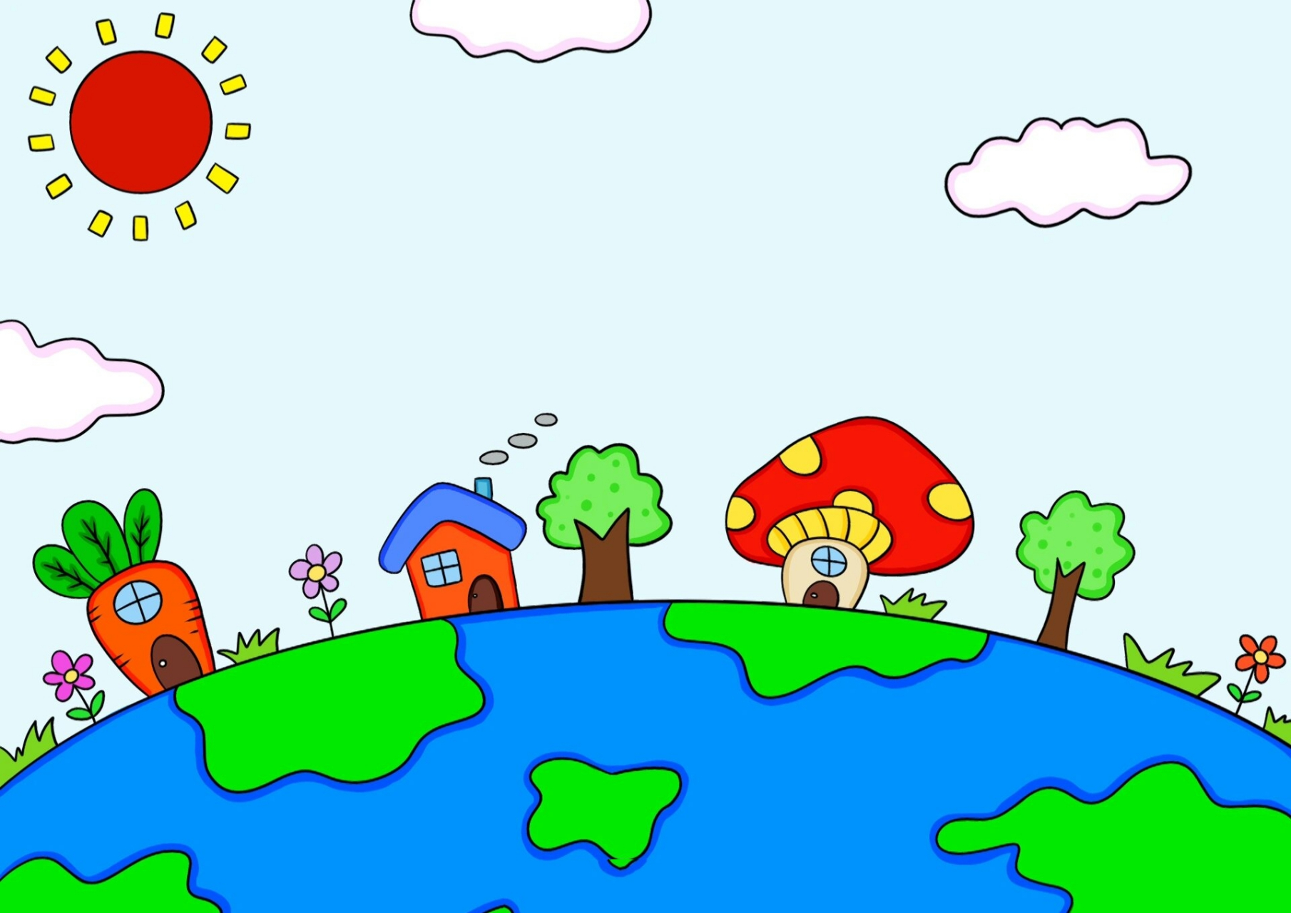 地球儿童画 美丽家园环保主题画 我眼中的地球儿童画创意画 房子 大树