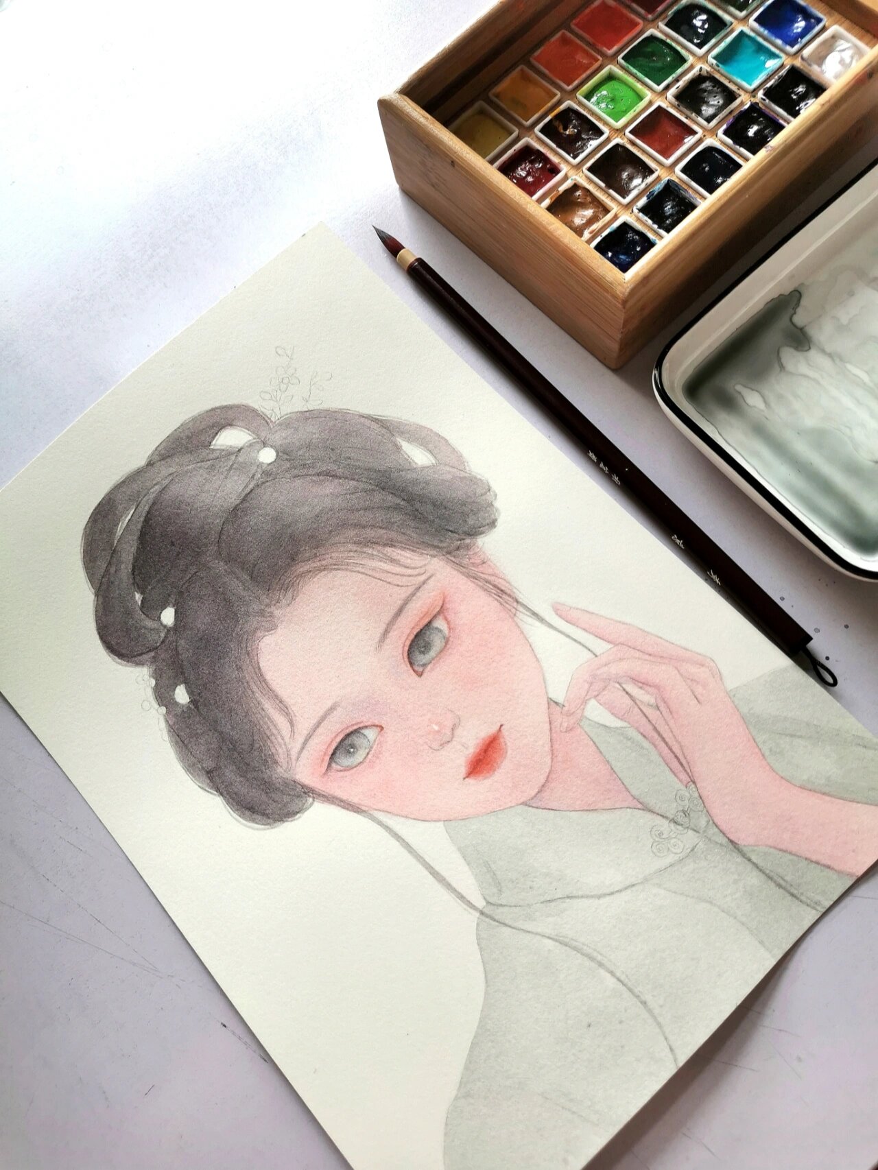 古风女子 手绘水彩 过程图