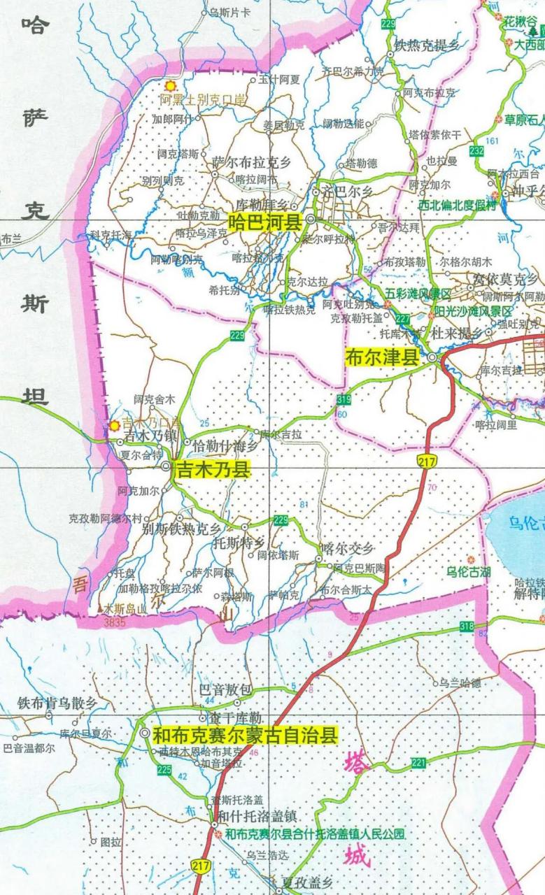 吉木乃县,哈巴河县,和布克赛尔蒙古自治县,这三个县都是边境小县,西邻