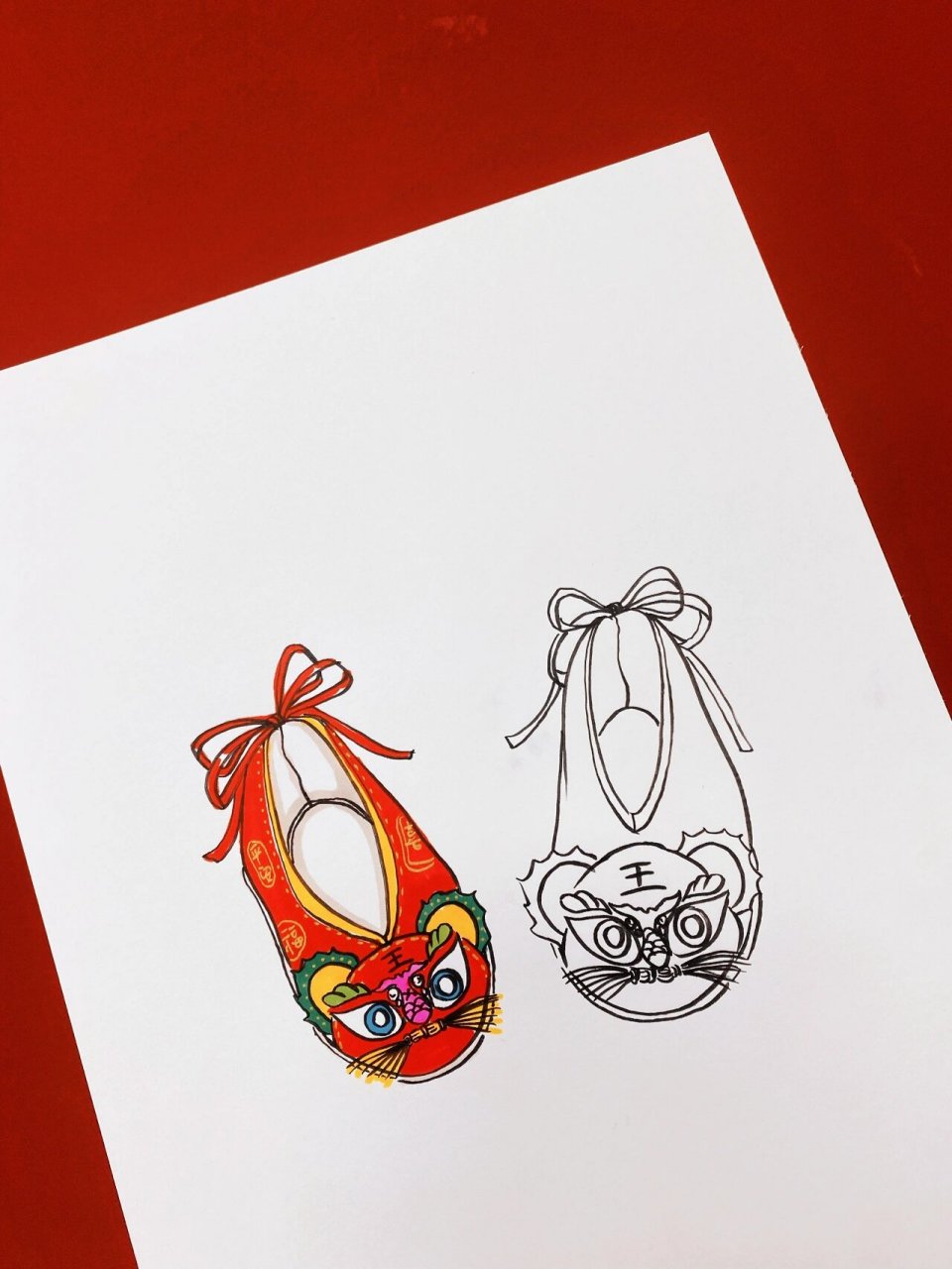 马克笔手绘虎头鞋 哈哈哈哈真的要过年了.自己设计一双虎头鞋.