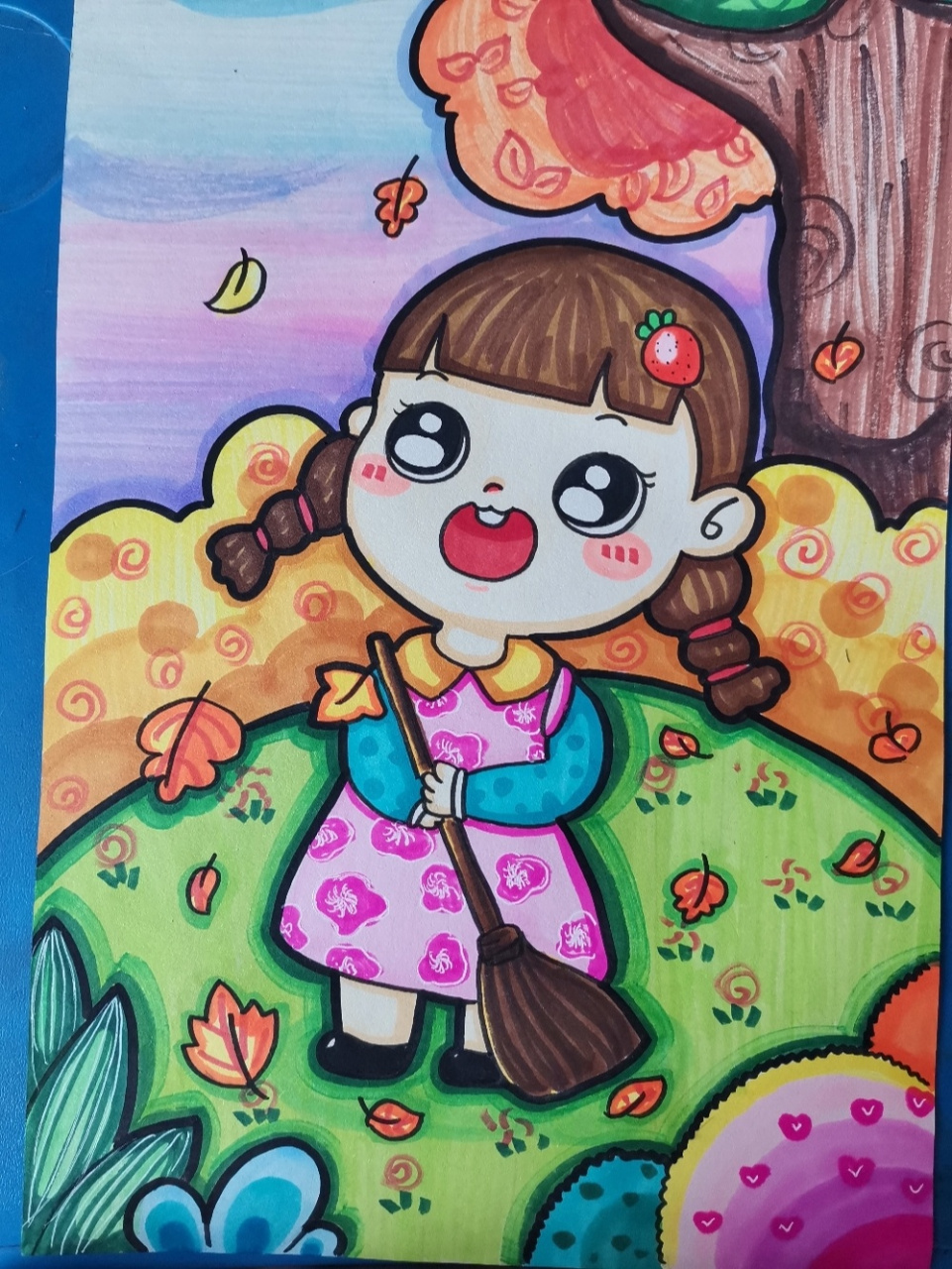 秋天儿童画 临摹老师的! 可以用作我的家乡,快乐的童年,秋天.