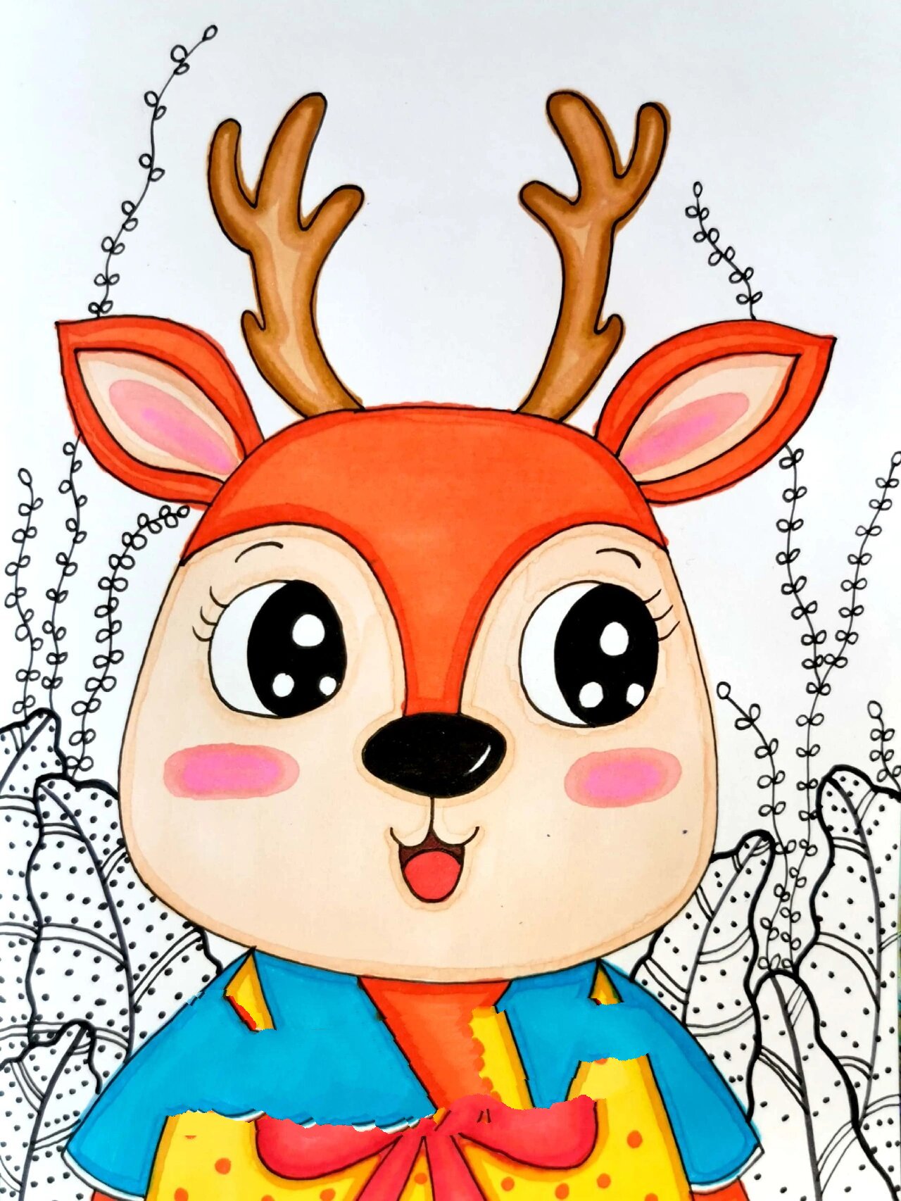 梅花鹿 创意儿童画 简笔画 线描 马克笔卡通