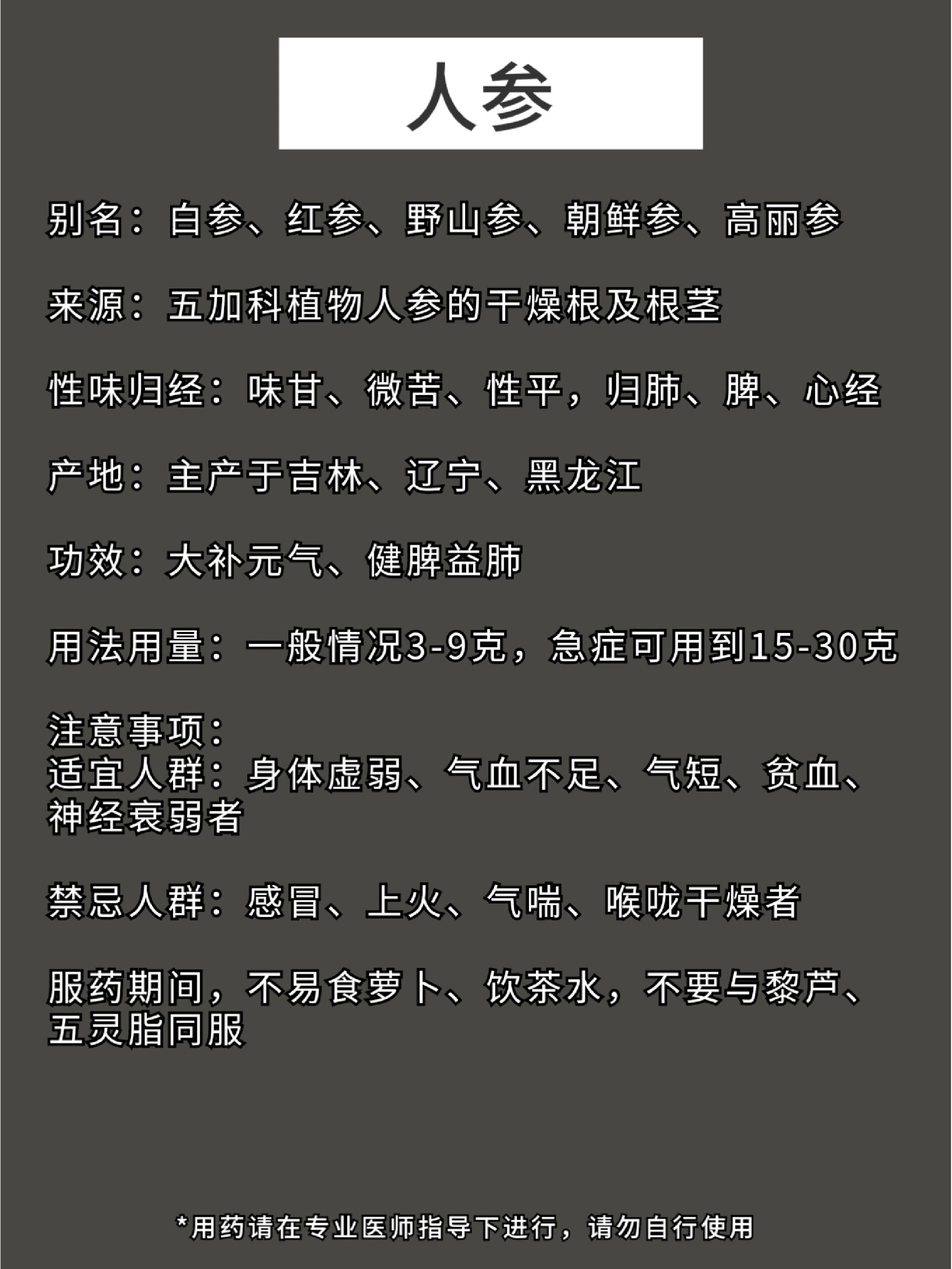 每天认识一味中草药🔥人参 人参 别名:白参,红参,野山参,朝鲜参