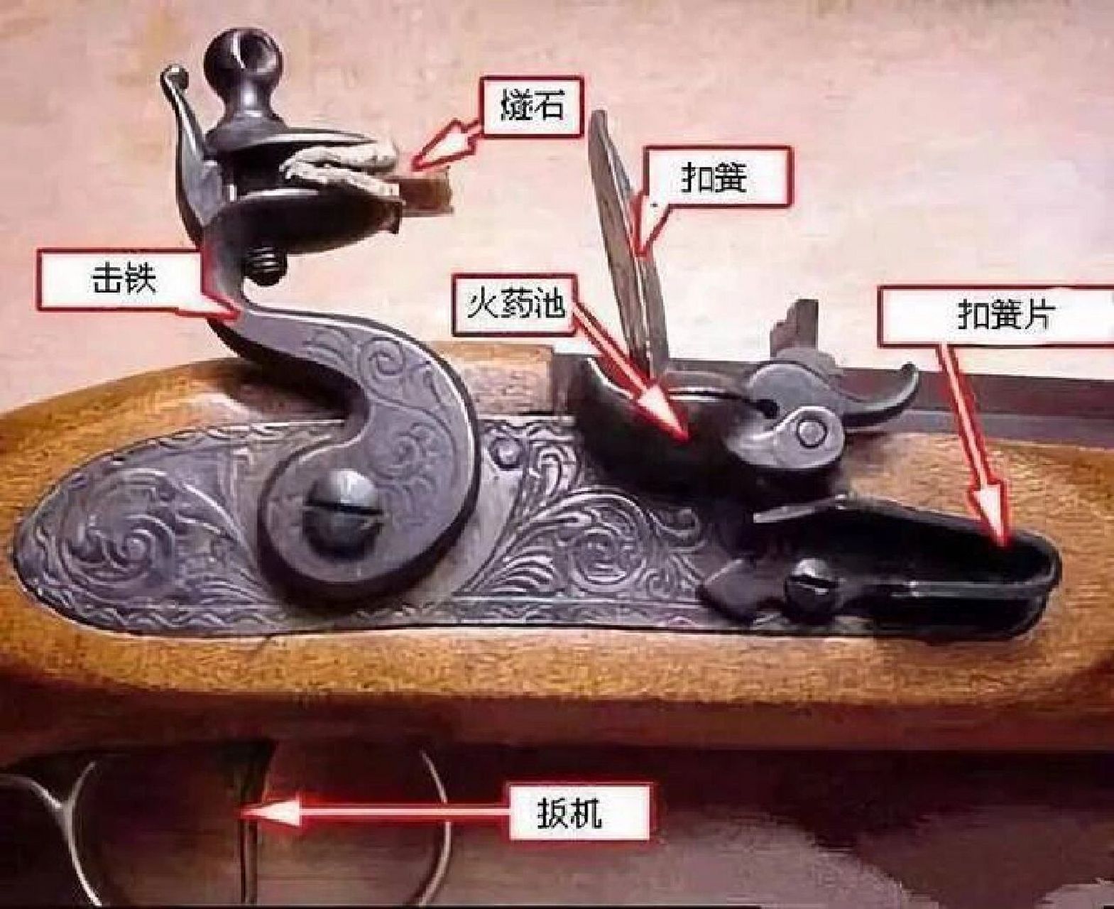 燧发枪枪机及点火方式与枪体详细分解