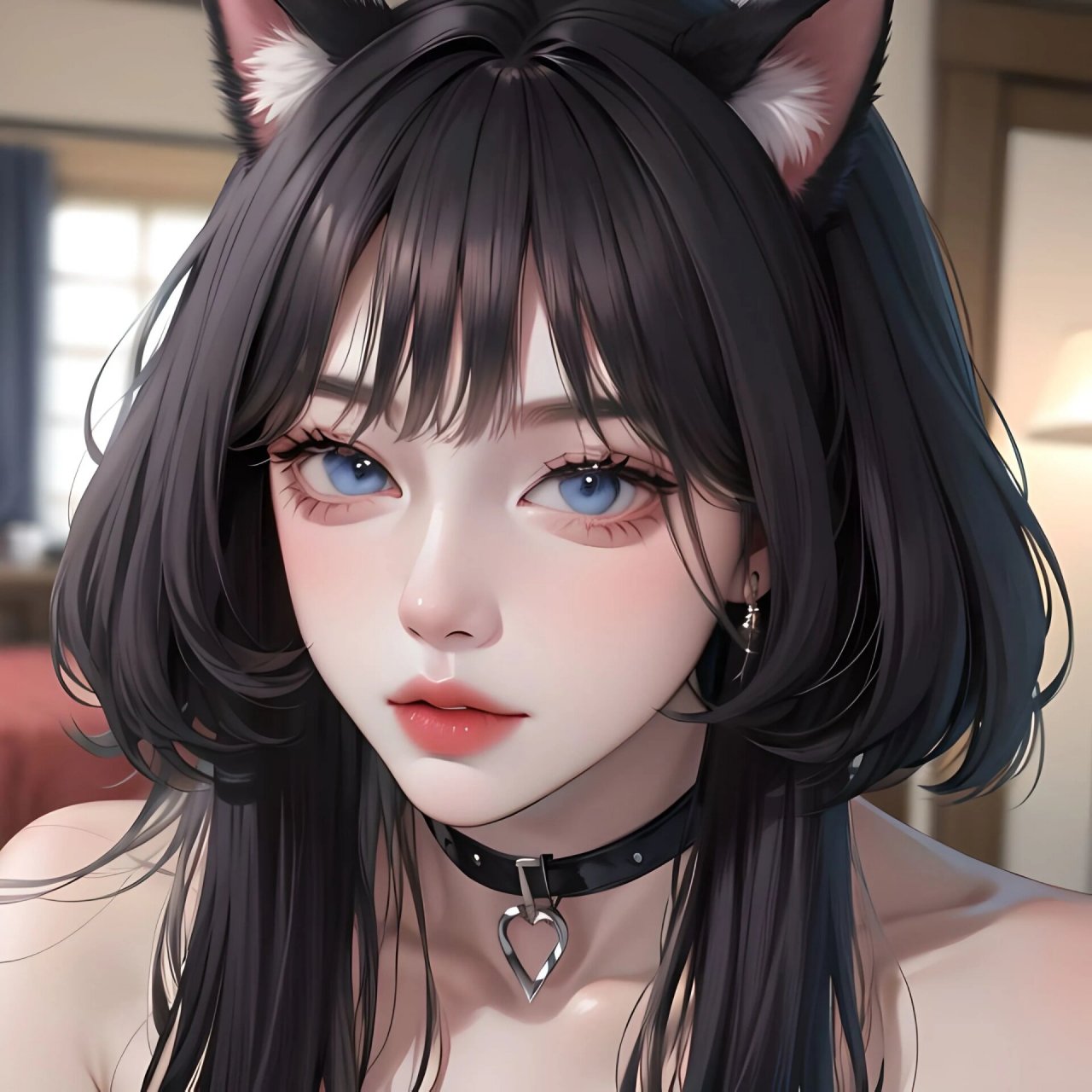 【项圈黑猫少女头像】 #ai# #ai绘画# #少女头像# #现代风# #真人风