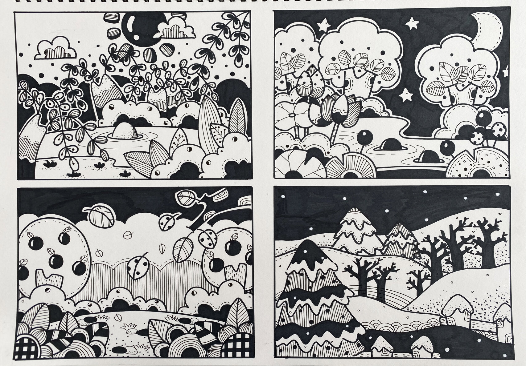 黑白线描四季
