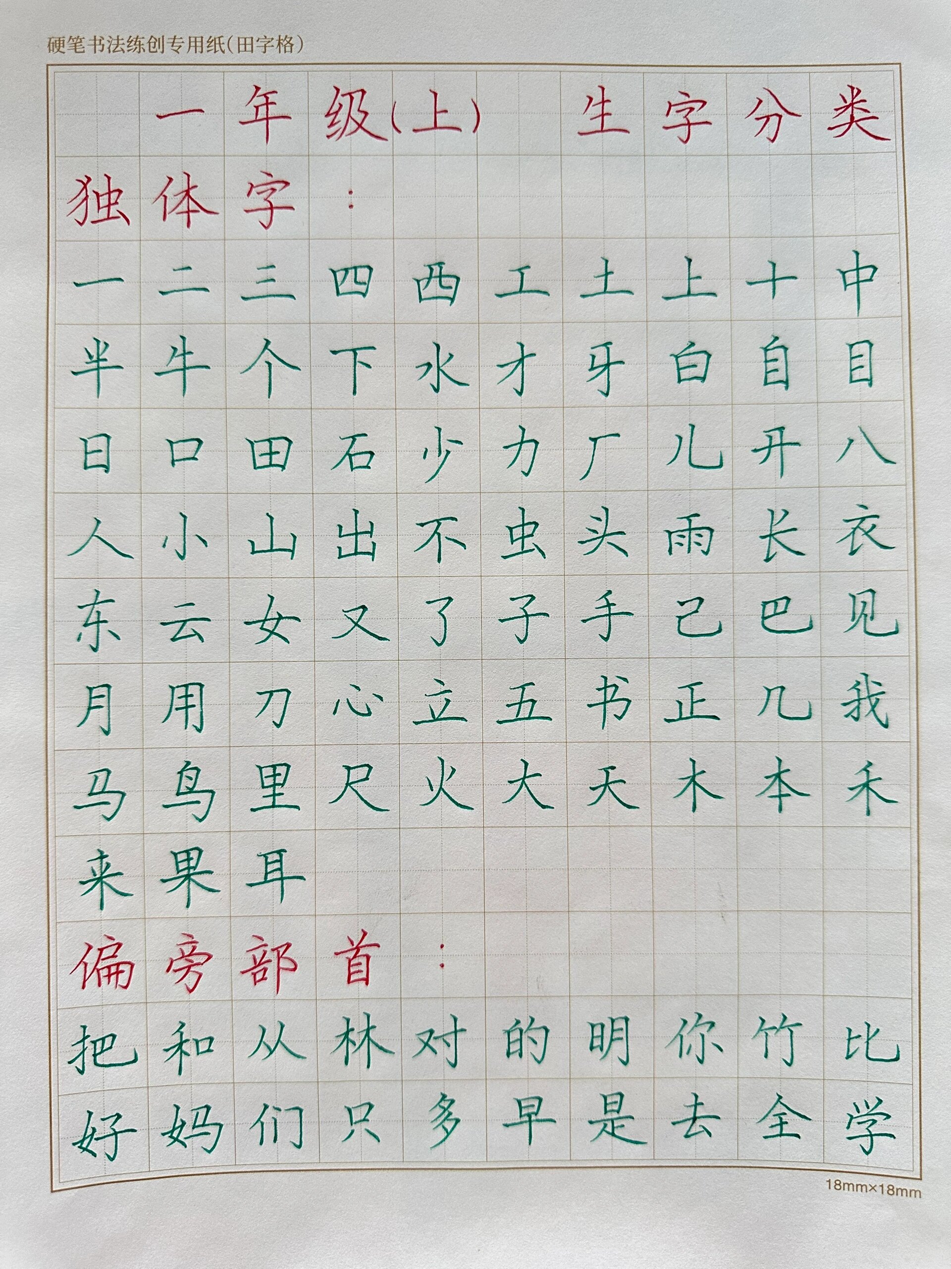 一年级上册生字分类(独体字,偏旁部首)