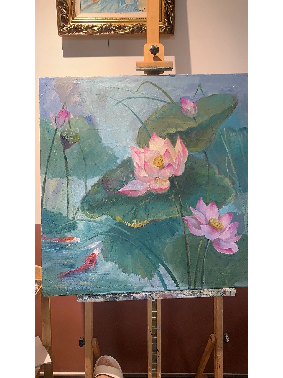 油画原创|荷花锦鲤