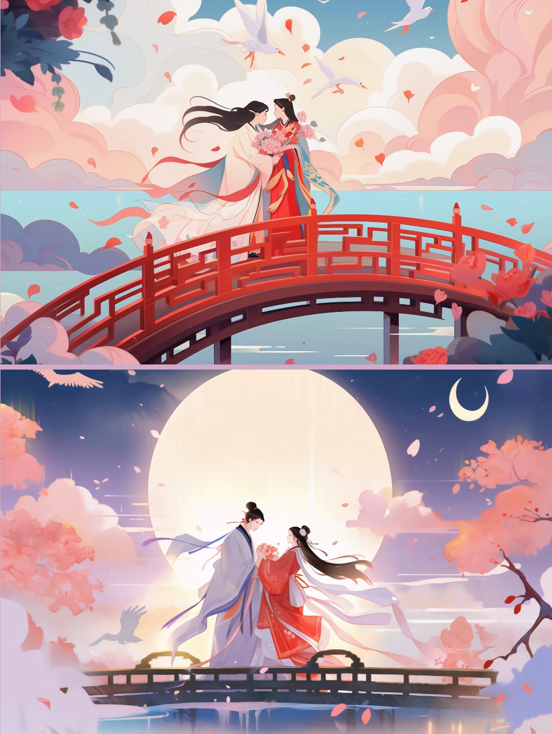 七夕牛郎织女夜晚相会唯美古风人物手绘插画