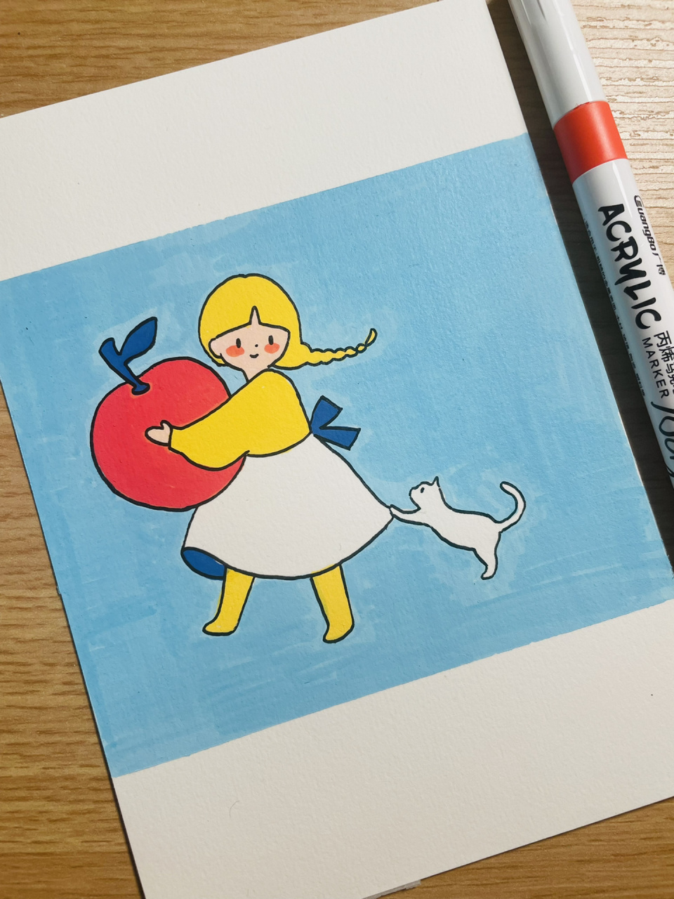 每日一画|苹果姑娘,丙烯马克笔(含步骤) 可可爱爱的色块,女孩,苹果,与