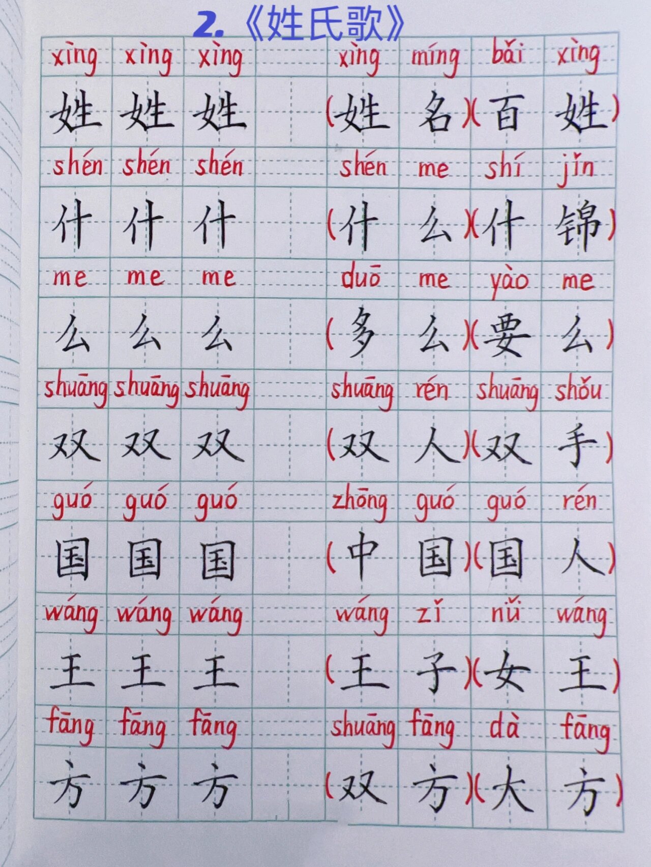 一年级语文下册第2课《姓氏歌》拼音组词 一年级语文下册第2课作业.