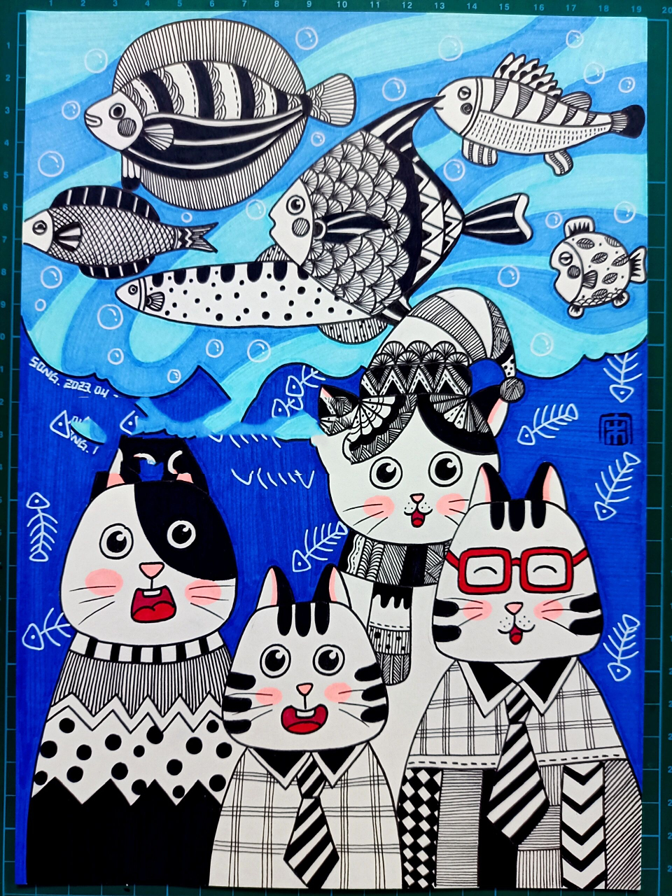 创意线描《爱吃鱼的小猫咪》《猫咪一家》 马克笔画线描画-275爱吃鱼