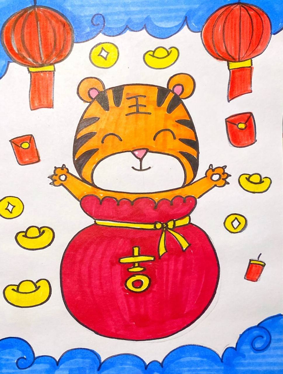 虎年主题画 #马克笔# #卡通画# #儿童画# #过年主题画# #虎年画