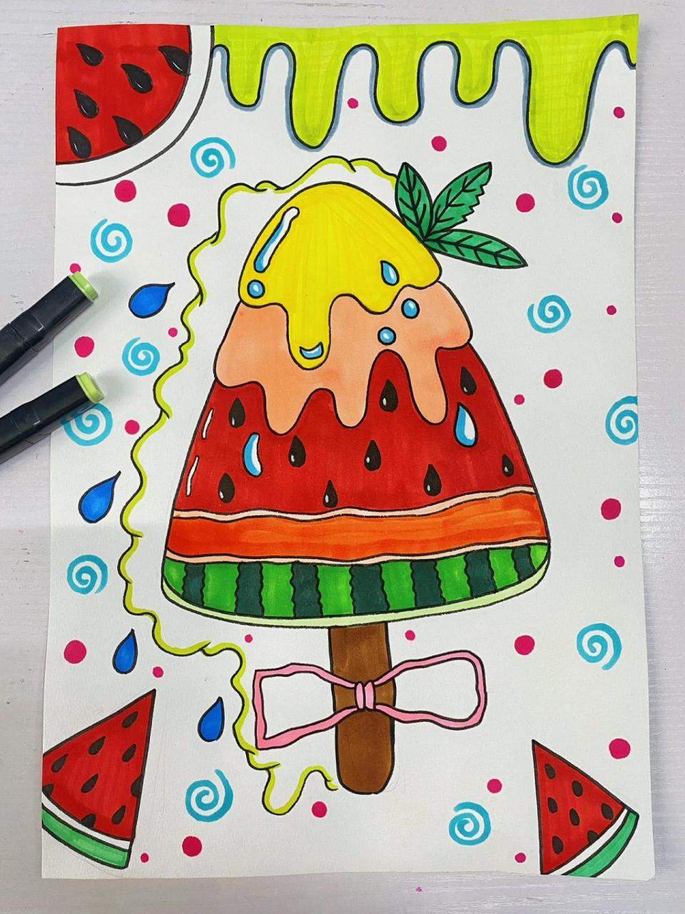 幼儿创意美术‖马克笔儿童画75西瓜冰淇淋 马克笔创意儿童画来啦!