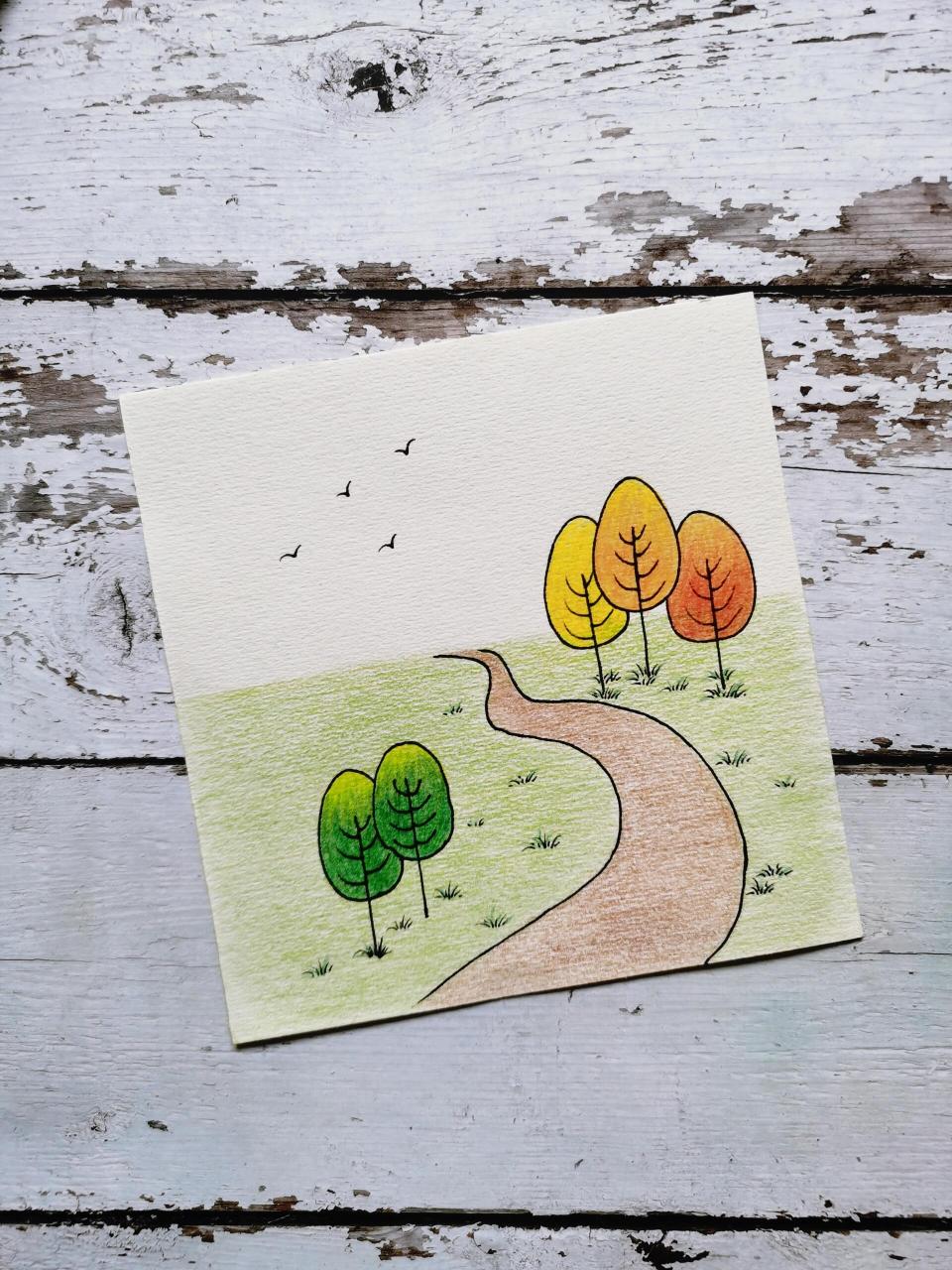 简笔画小风景 一条弯曲的小路,随便画几棵不同颜色的树,简单的风景小