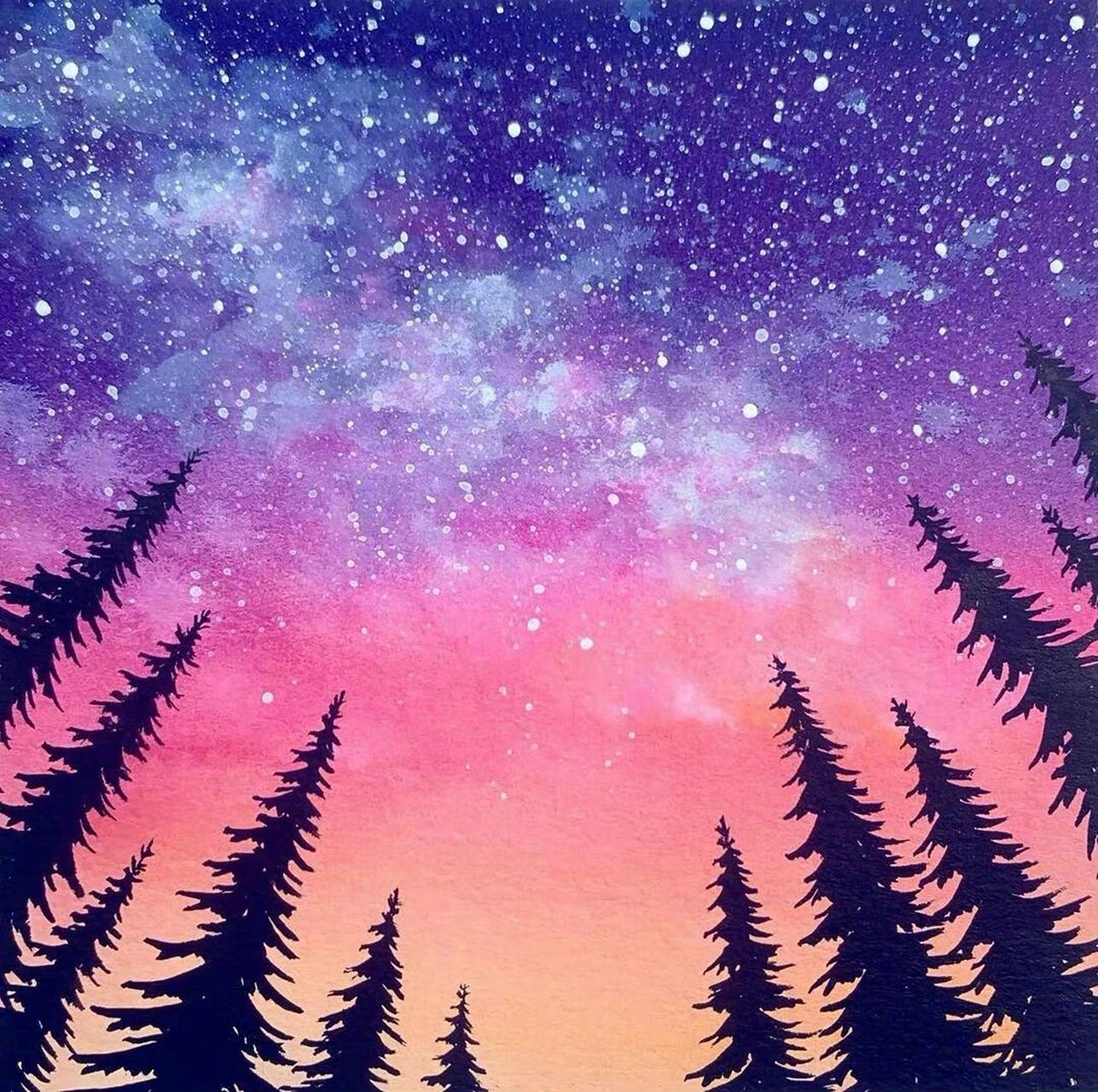 星空#夜空#儿童画#水彩#风景#夜景#色彩 灿烂天空,灿烂的梦,by