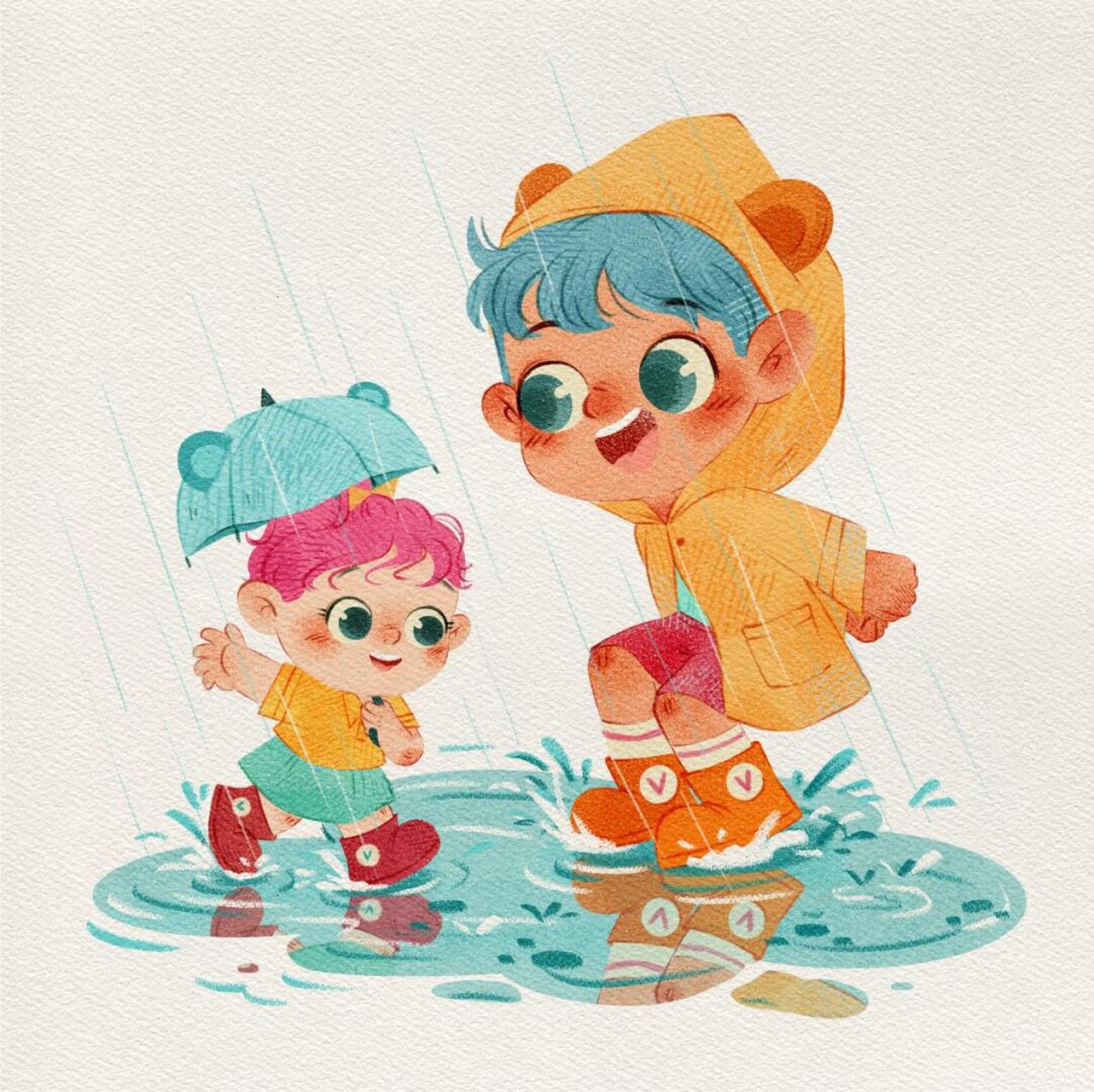 一起踩水坑～#儿童插画# #小场景插画# #插画日记# #照片转插画