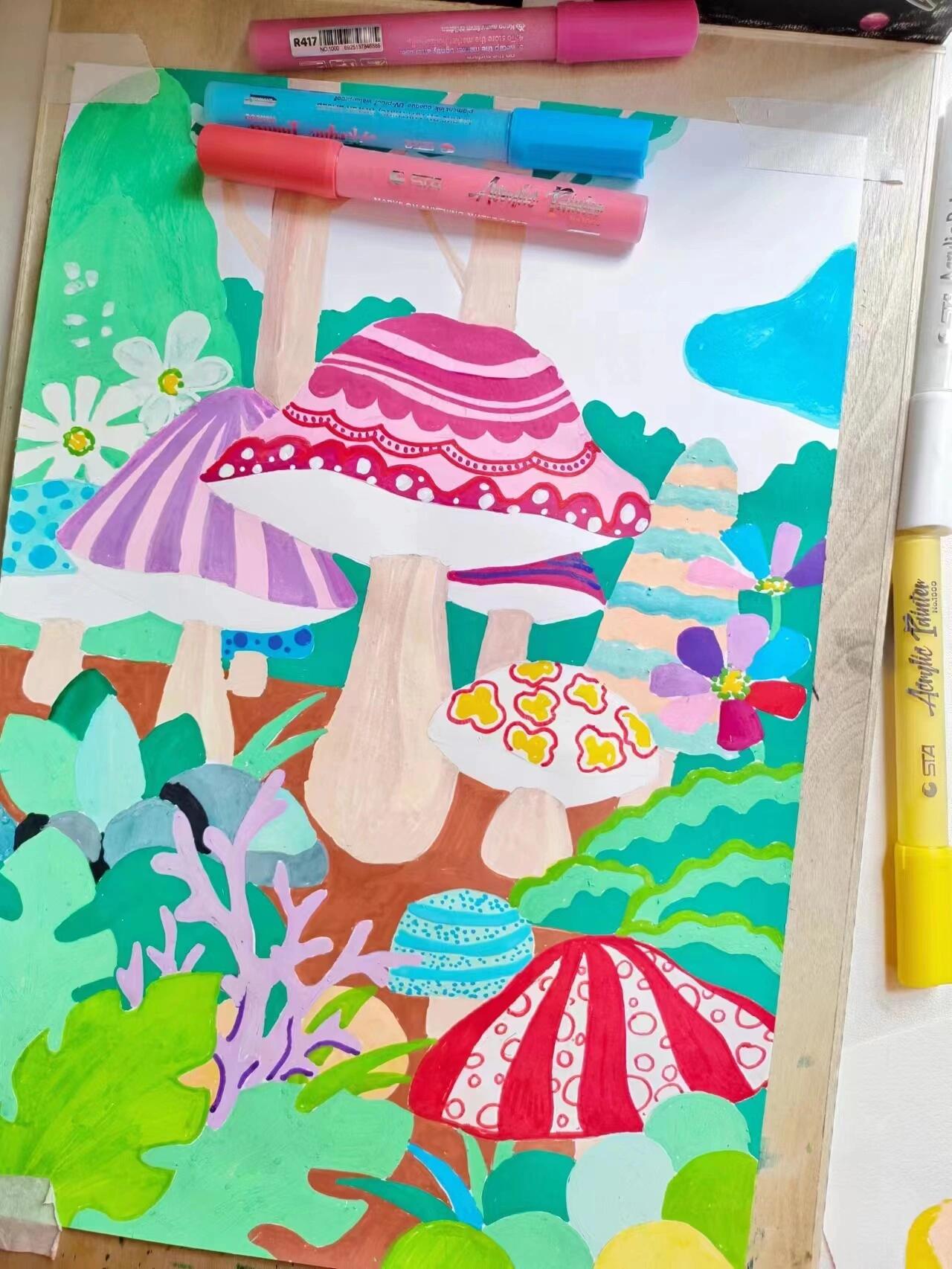 蘑菇绘画插画丙烯马克笔装饰画儿童画范画