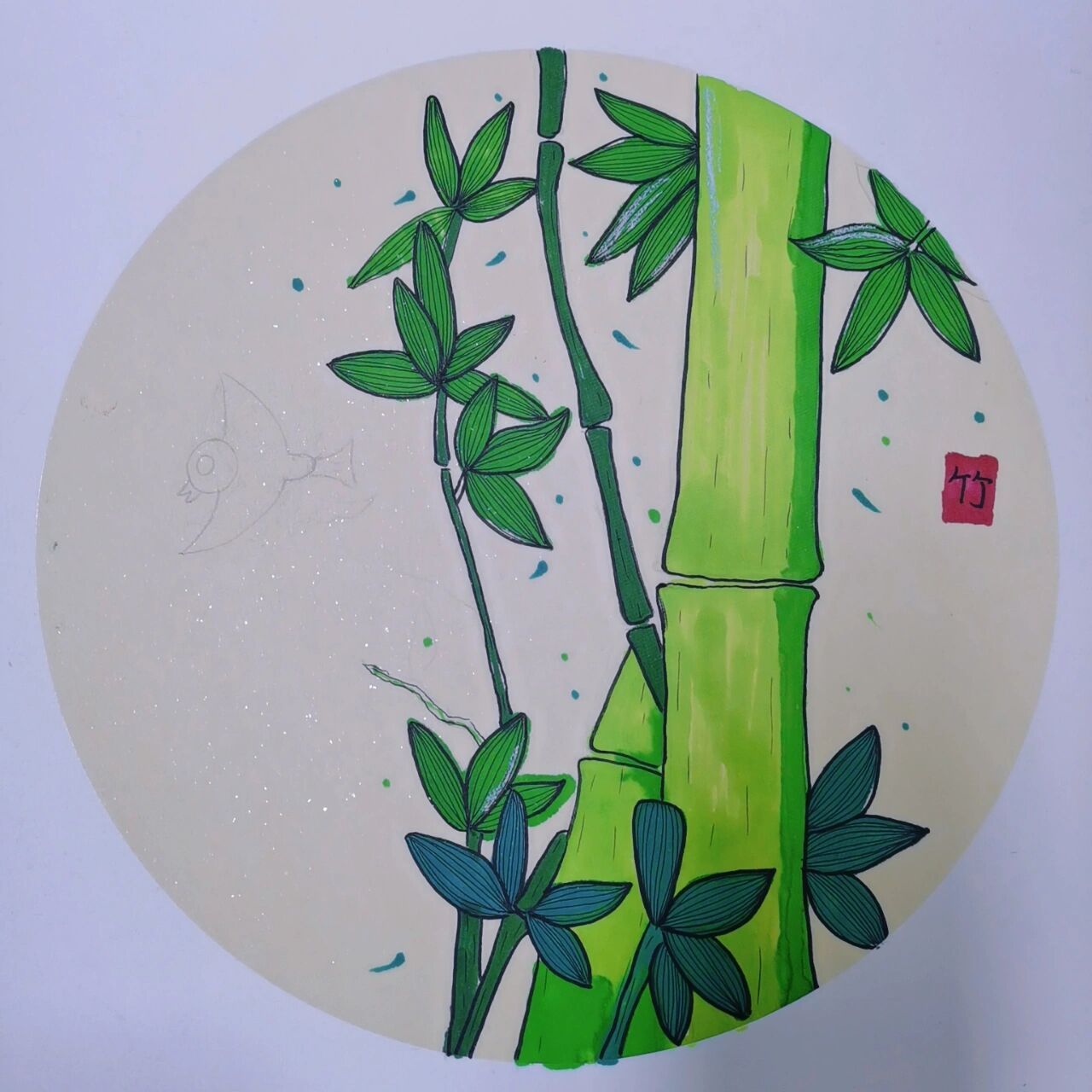 在镜片纸上画出竹子的外形和叶子(叶子要长长的) 2.